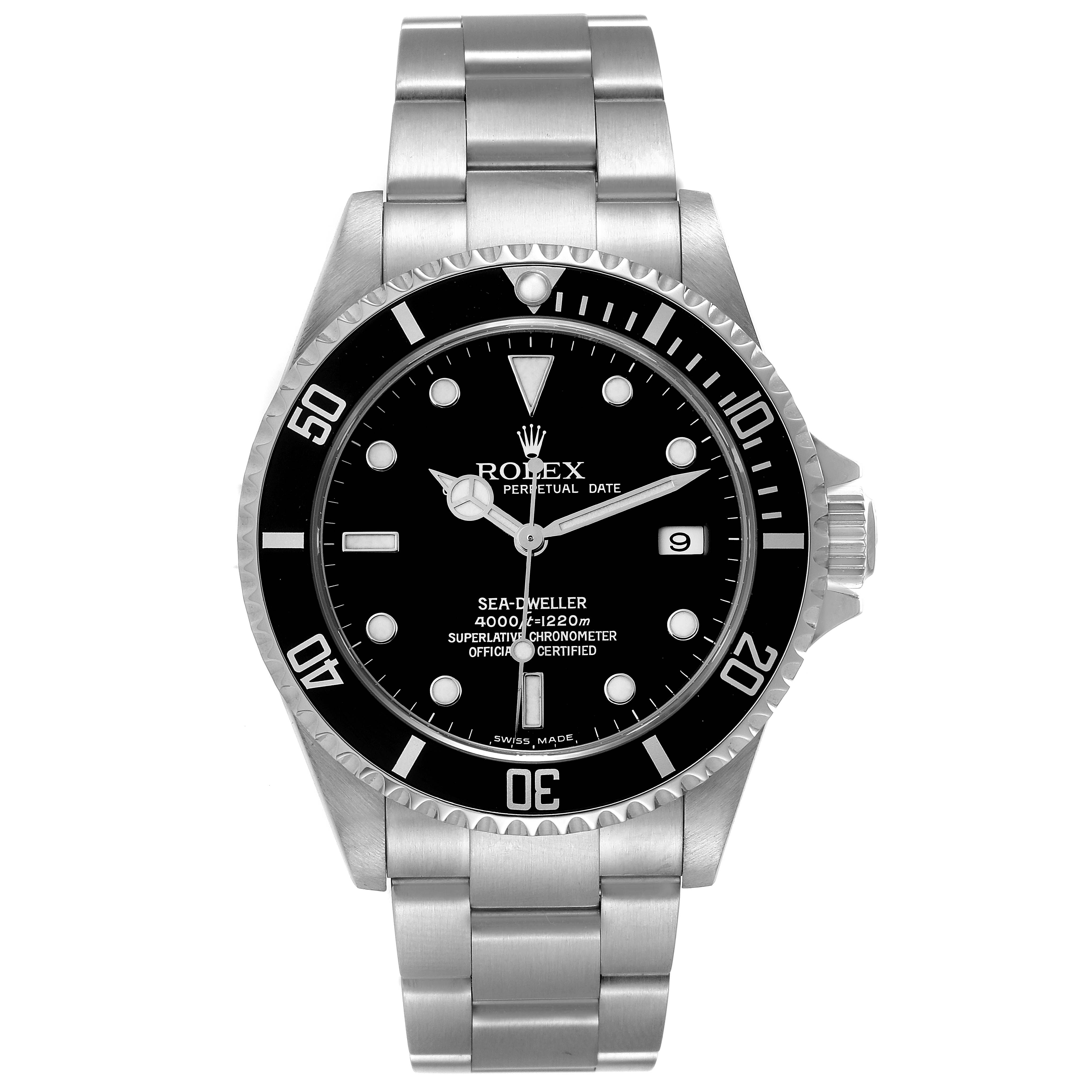 The image shows a front view of a Rolex Sea-Dweller 16600T Men's Stainless Steel Black Dial 16600T Men's Stainless Steel Black Dial watch, displaying the face, bezel, and bracelet.
