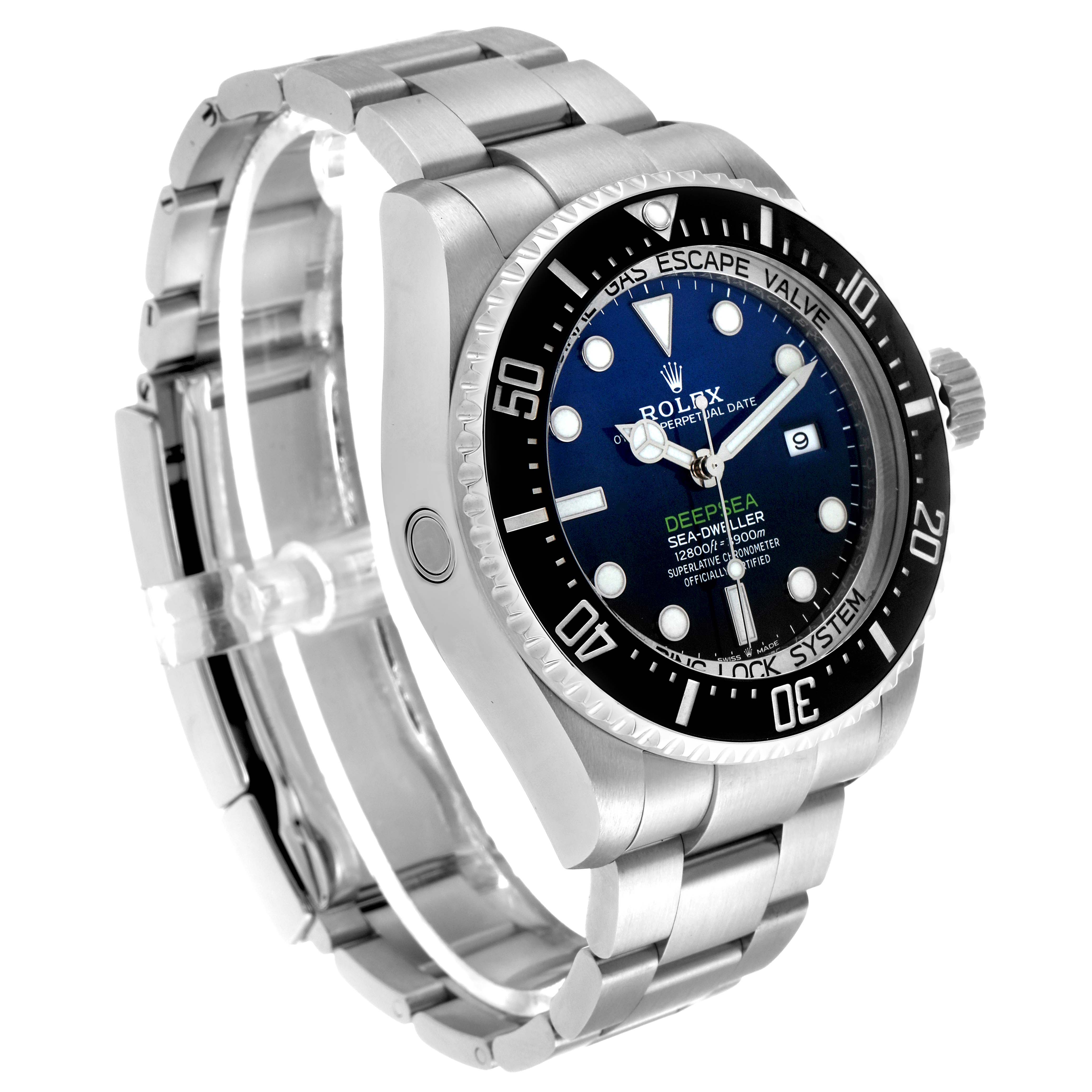 The Rolex Sea-Dweller 126660 Men's Stainless Steel Blue Dial is shown at a slight side angle, highlighting the bezel, crown, bracelet, and dial.