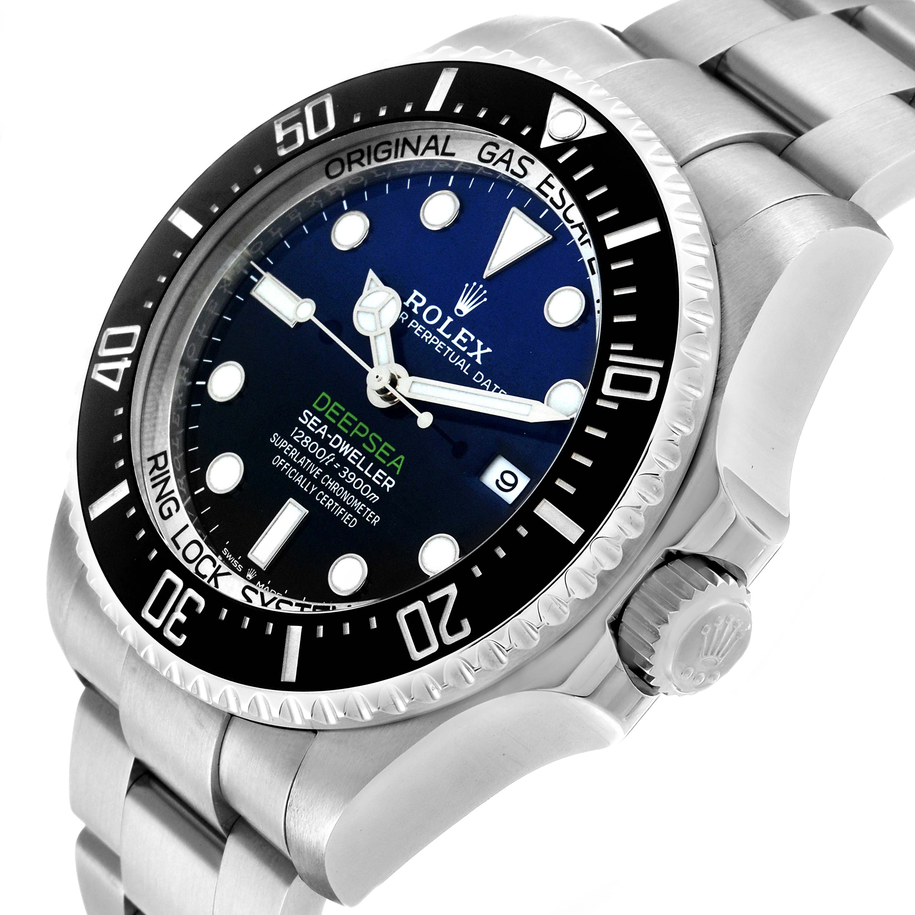 The Rolex Sea-Dweller 126660 Men's Stainless Steel Blue Dial watch is shown at a slight angle, highlighting the face, bezel, crown, and part of the bracelet.
