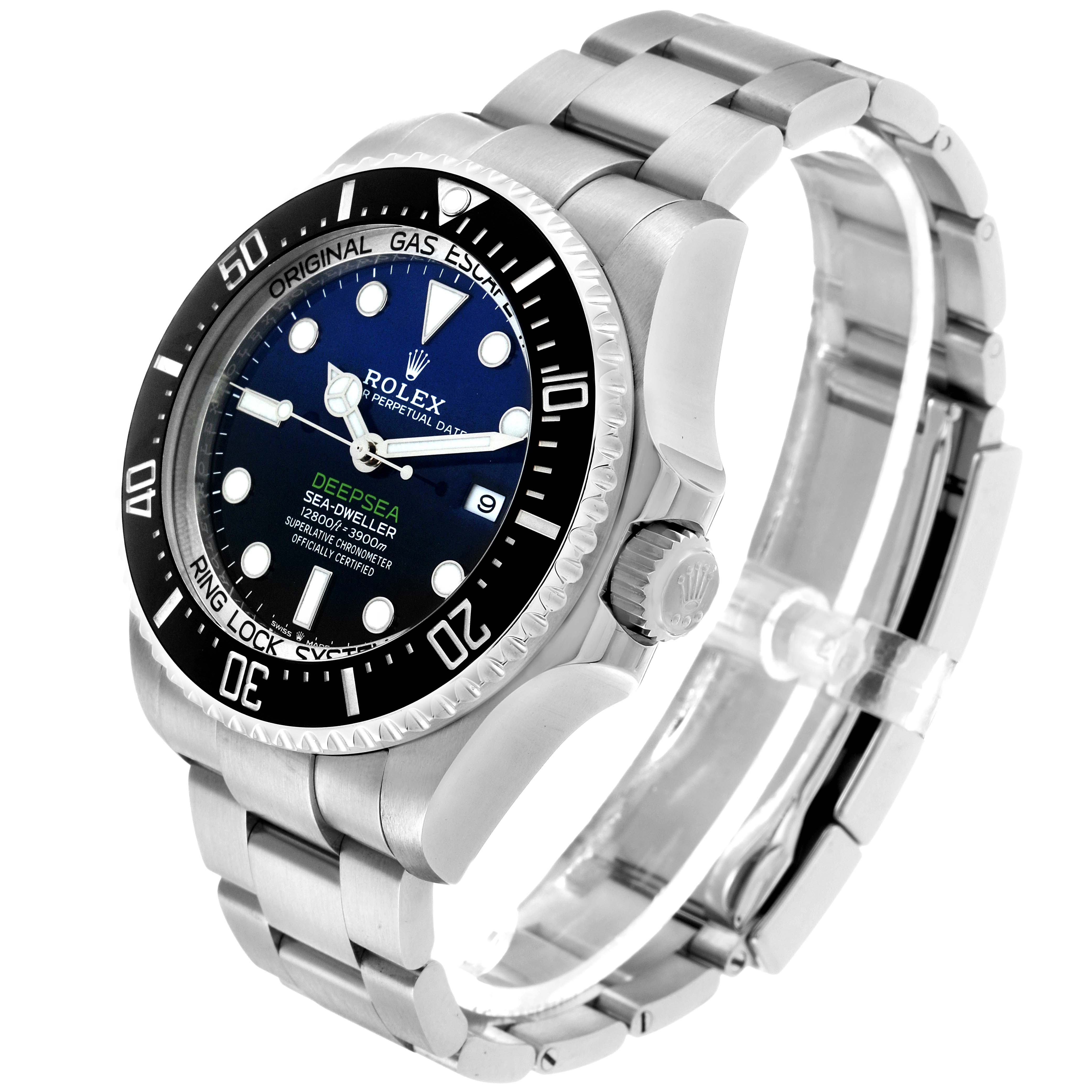The Rolex Sea-Dweller 126660 Men's Stainless Steel Blue Dial is shown at a three-quarter angle, highlighting the dial, bezel, crown, and bracelet.