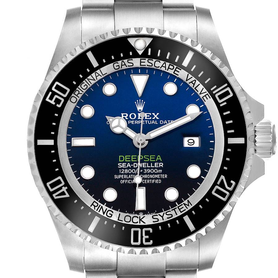 The image shows a front view of the Rolex Sea-Dweller 126660 Men's Stainless Steel Blue Dial watch, highlighting the dial, bezel, and bracelet.