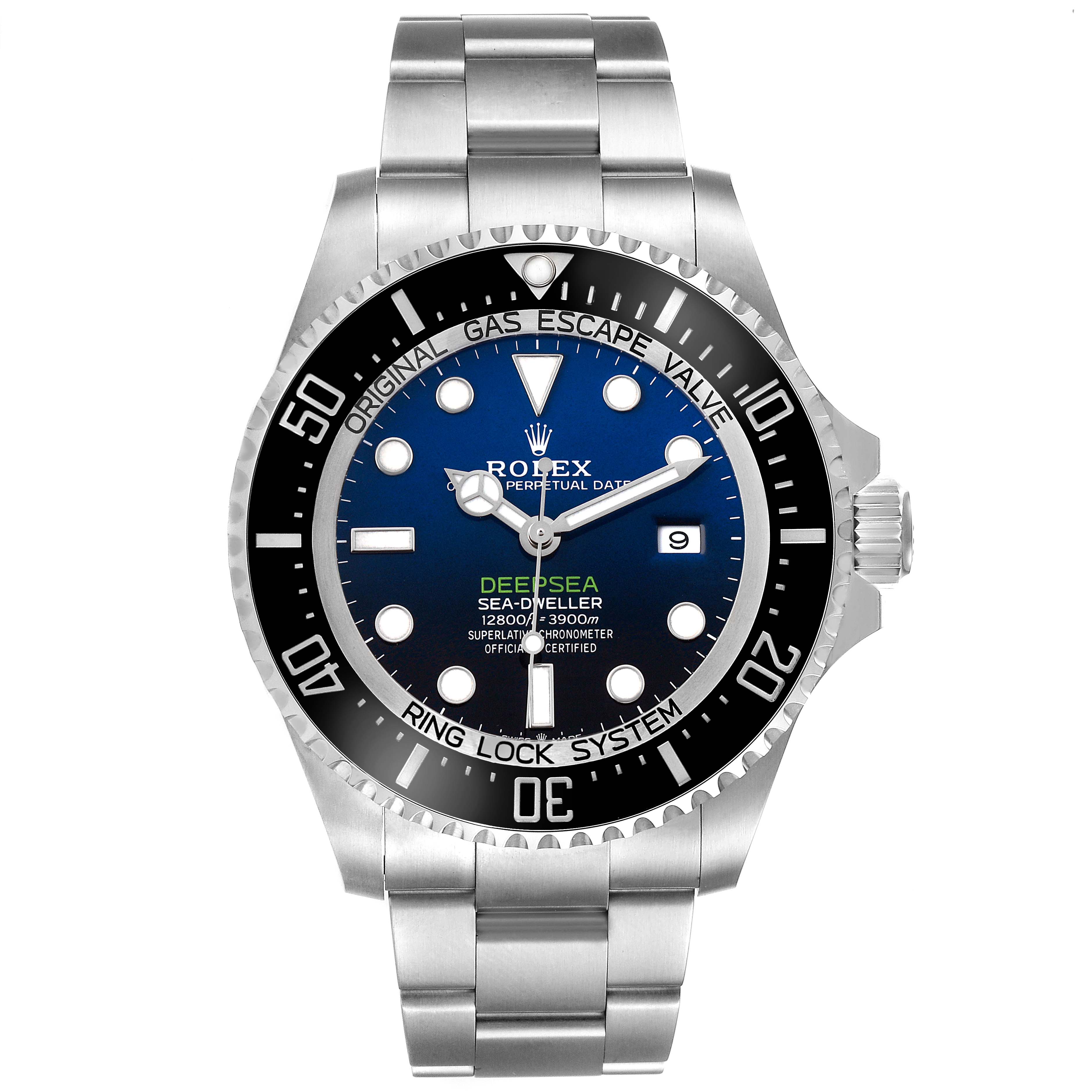 The Rolex Sea-Dweller 126660 Men's Stainless Steel Blue Dial watch is shown from a front angle, displaying the dial, bezel, and bracelet.