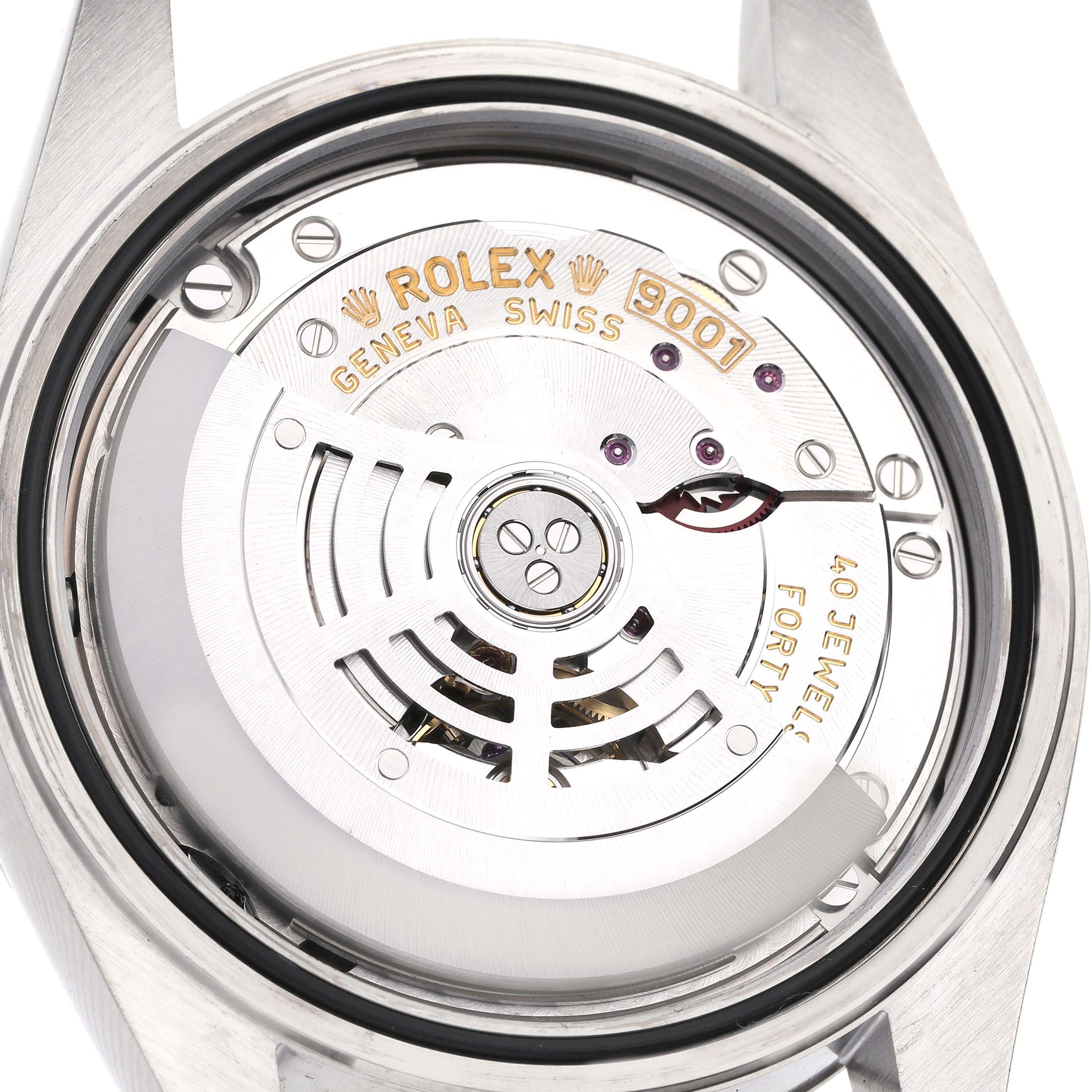 The image shows the back view of the Rolex Sky-Dweller 326934 Men
s Stainless Steel Blue Dial 326934 Men
s Stainless Steel Blue Dial, highlighting the movement and rotor.