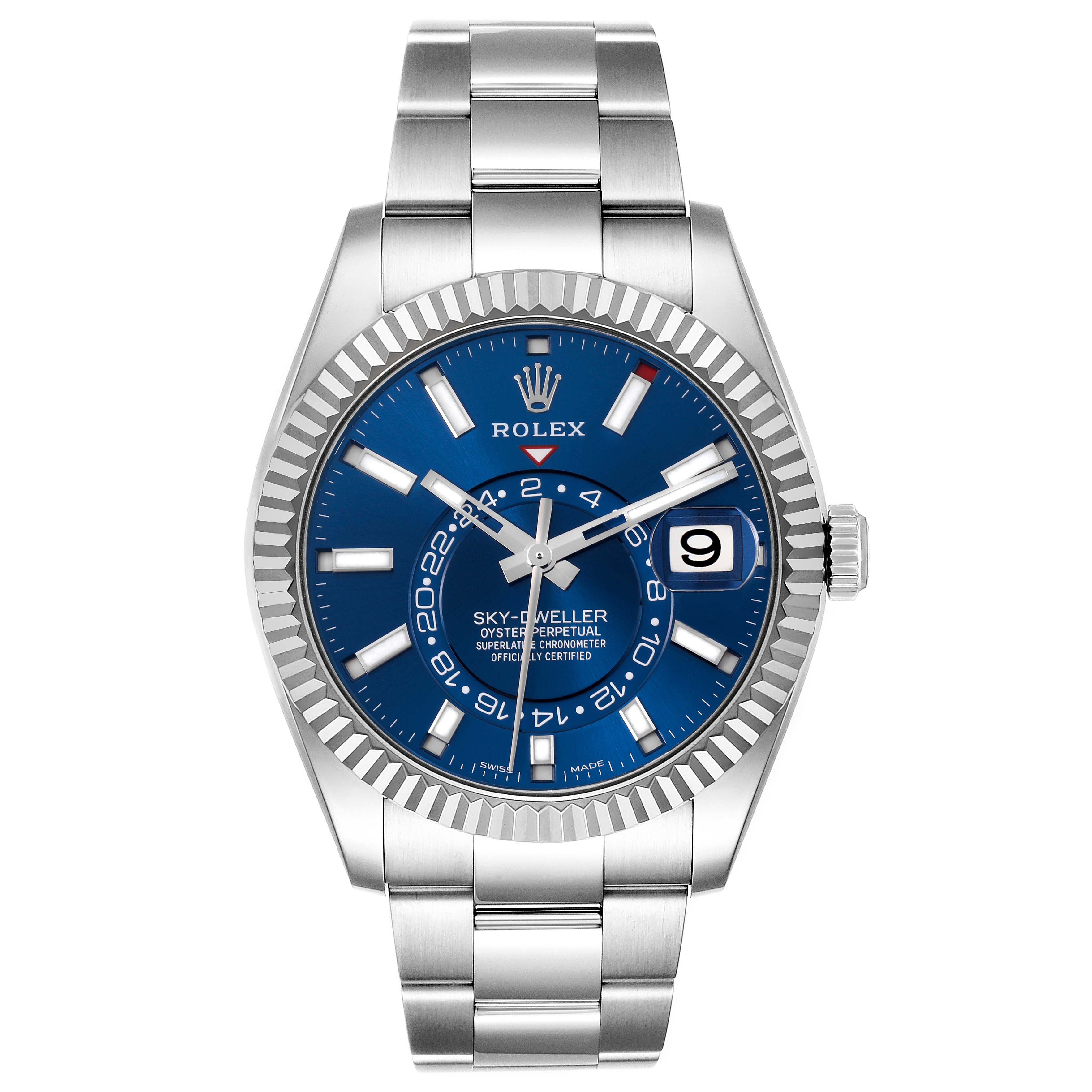 The Rolex Sky-Dweller 326934 Men
s Stainless Steel Blue Dial 326934 Men
s Stainless Steel Blue Dial is shown from a frontal angle, displaying its blue dial, bezel, and stainless steel bracelet.