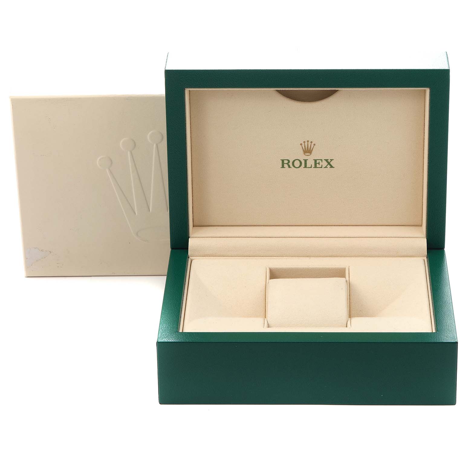 The image shows an open Rolex Sky-Dweller 326934 Men
s Stainless Steel Blue Dial 326934 Men
s Stainless Steel Blue Dial watch box, viewed from the front, displaying the interior compartments.