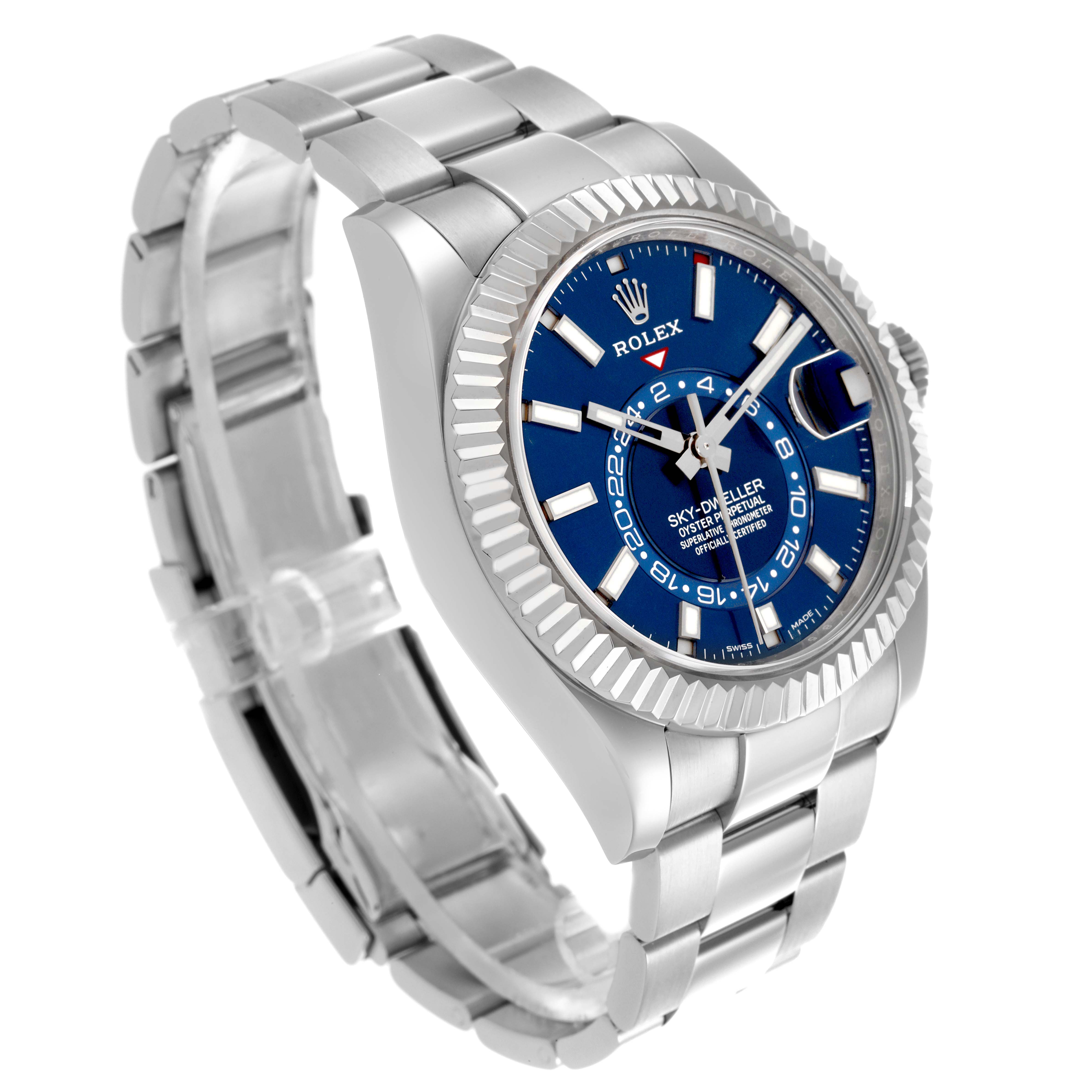 The Rolex Sky-Dweller 326934 Men
s Stainless Steel Blue Dial 326934 Men
s Stainless Steel Blue Dial watch is shown at an angled side view, highlighting the blue dial, bezel, and bracelet.