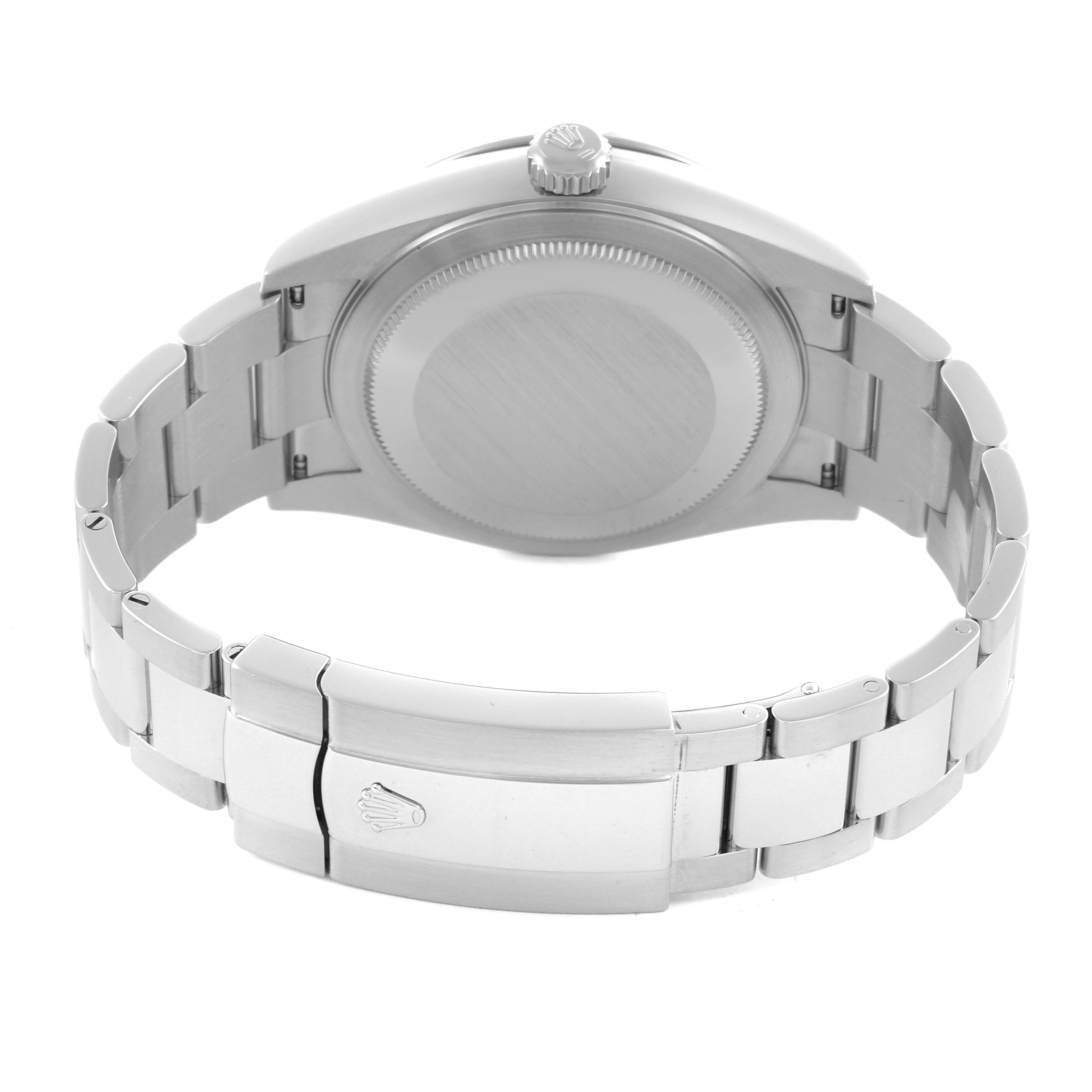 The image shows the back view of the Rolex Sky-Dweller 326934 Men
s Stainless Steel Blue Dial 326934 Men
s Stainless Steel Blue Dial watch, highlighting the case back, crown, and bracelet clasp.