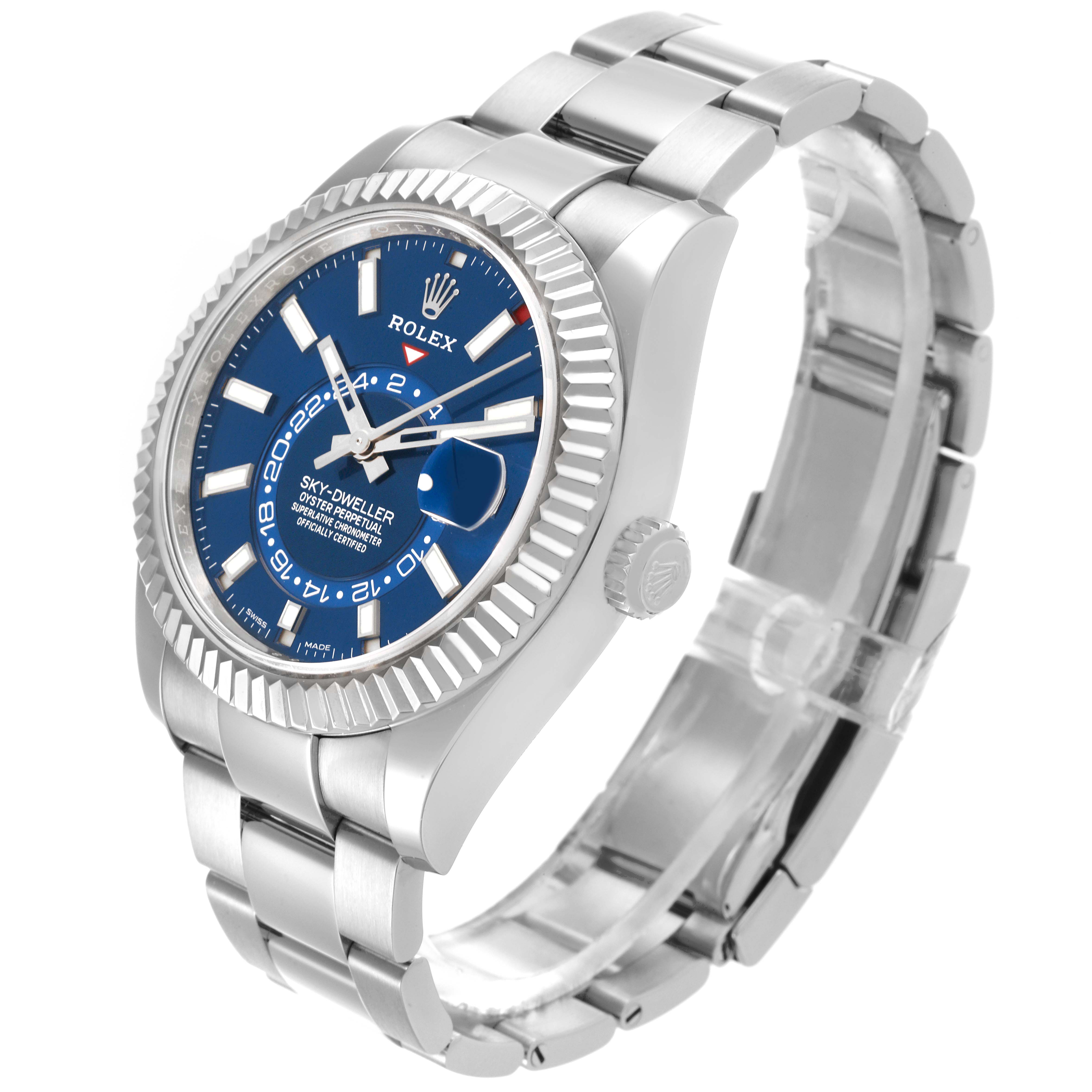The Rolex Sky-Dweller 326934 Men
s Stainless Steel Blue Dial 326934 Men
s Stainless Steel Blue Dial is shown at a three-quarter angle, highlighting the dial, bezel, and bracelet.