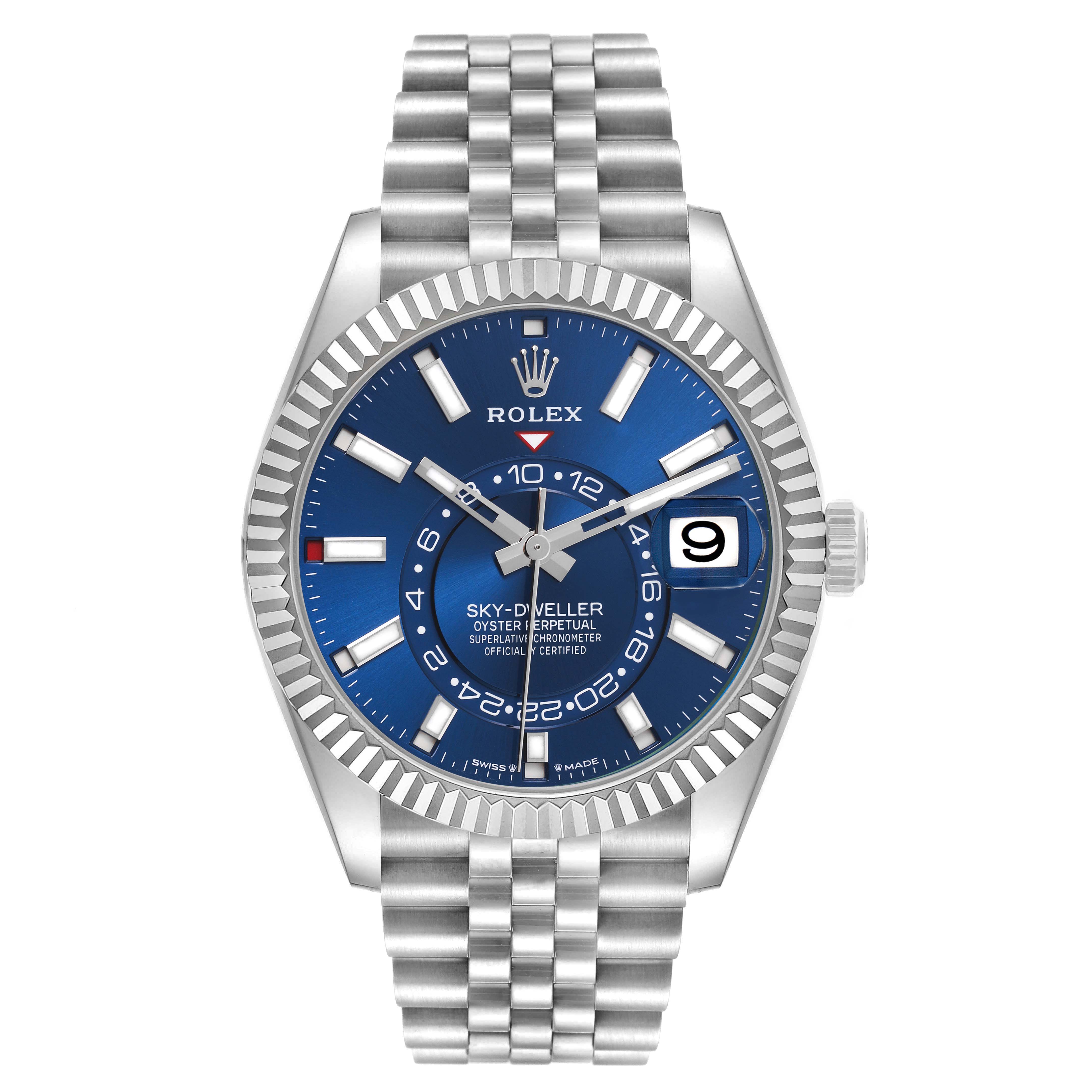 The Rolex Sky-Dweller 336934 Men
s Stainless Steel Blue Dial 336934 Men
s Stainless Steel Blue Dial is shown from the front, featuring the blue dial, bezel, markers, hands, and bracelet.