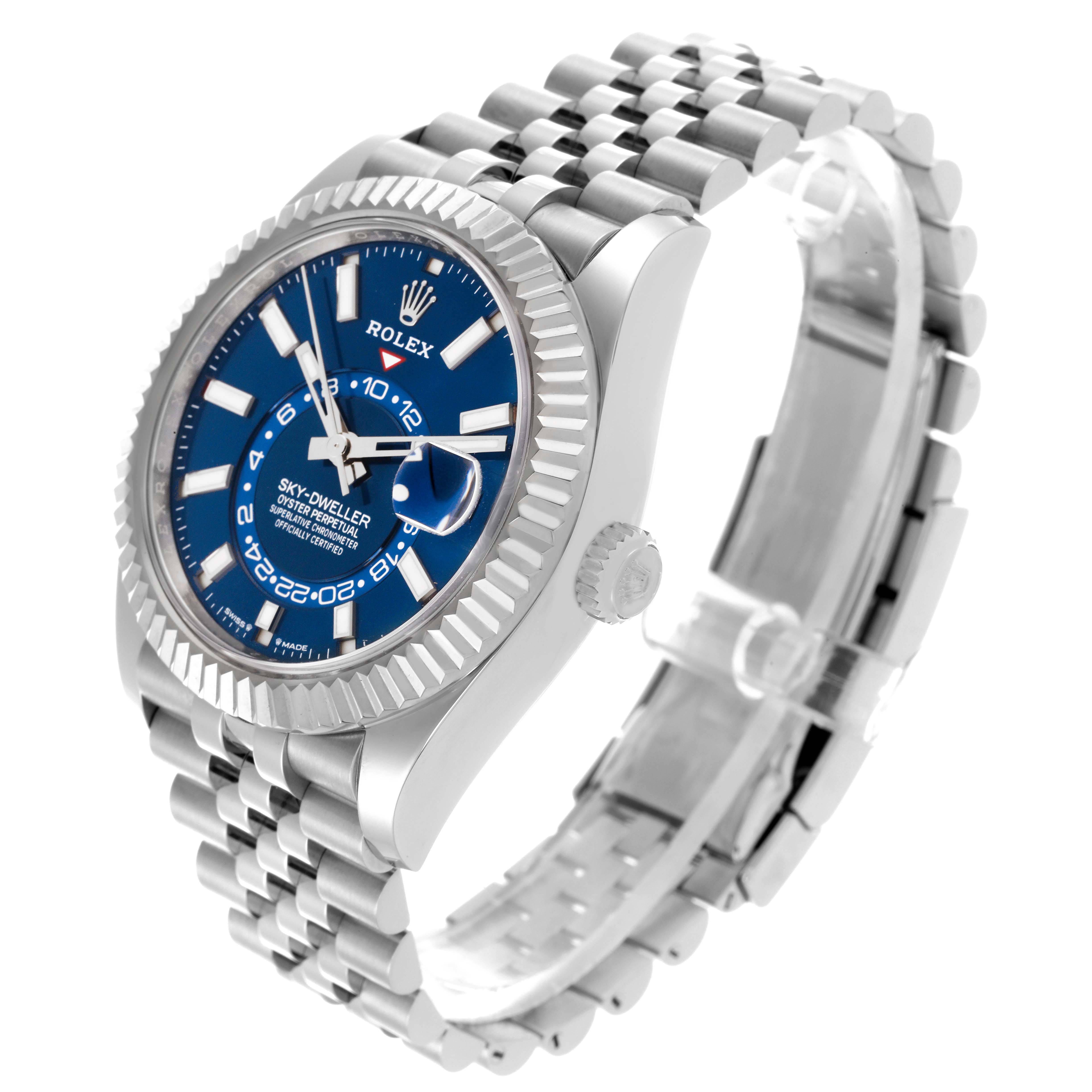 The Rolex Sky-Dweller 336934 Men
s Stainless Steel Blue Dial 336934 Men
s Stainless Steel Blue Dial watch is shown at an angle highlighting the dial, bezel, and bracelet.