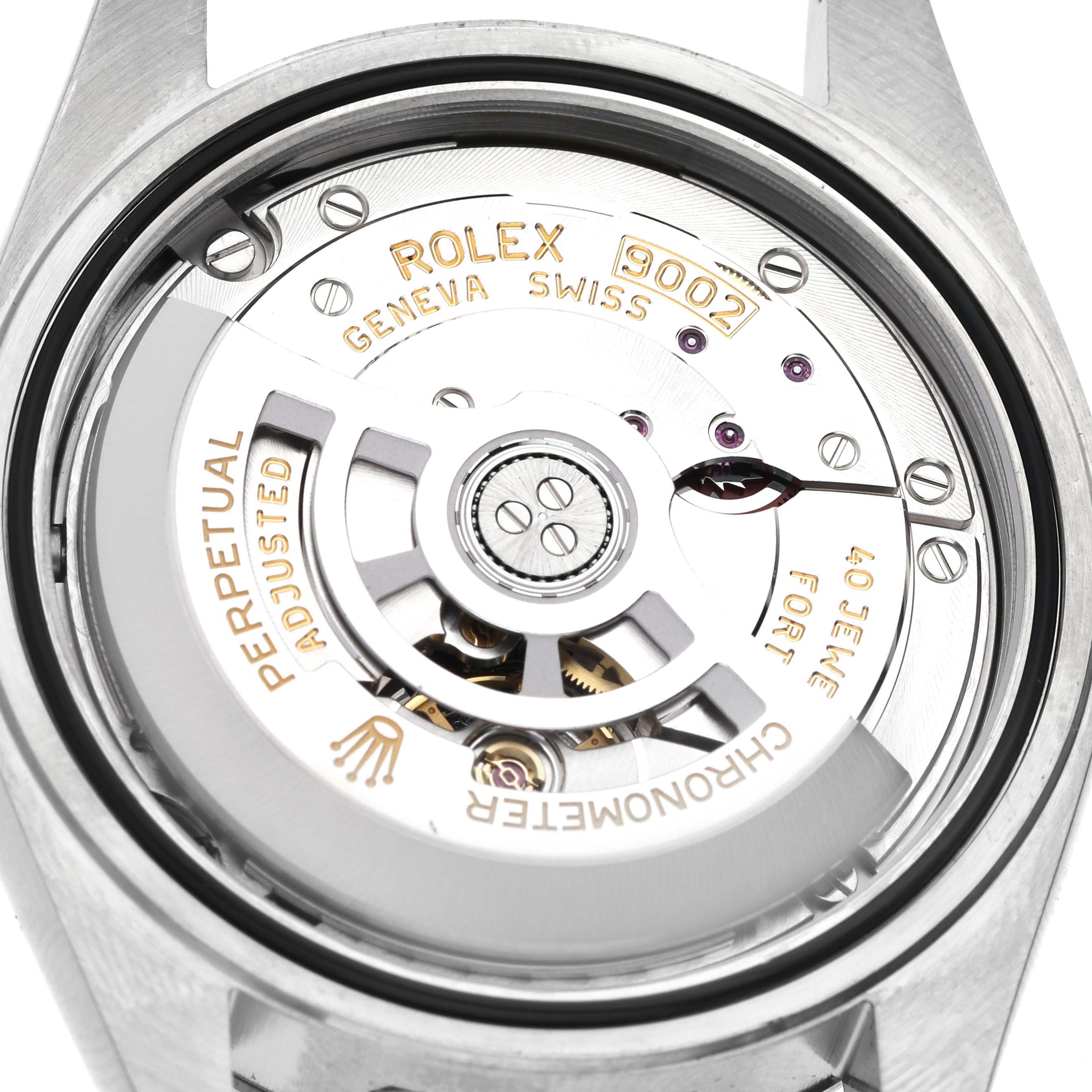 The image shows the movement of a Rolex Sky-Dweller 336934 Men
s Stainless Steel Blue Dial 336934 Men
s Stainless Steel Blue Dial from a top-down angle, highlighting the rotor and engravings.