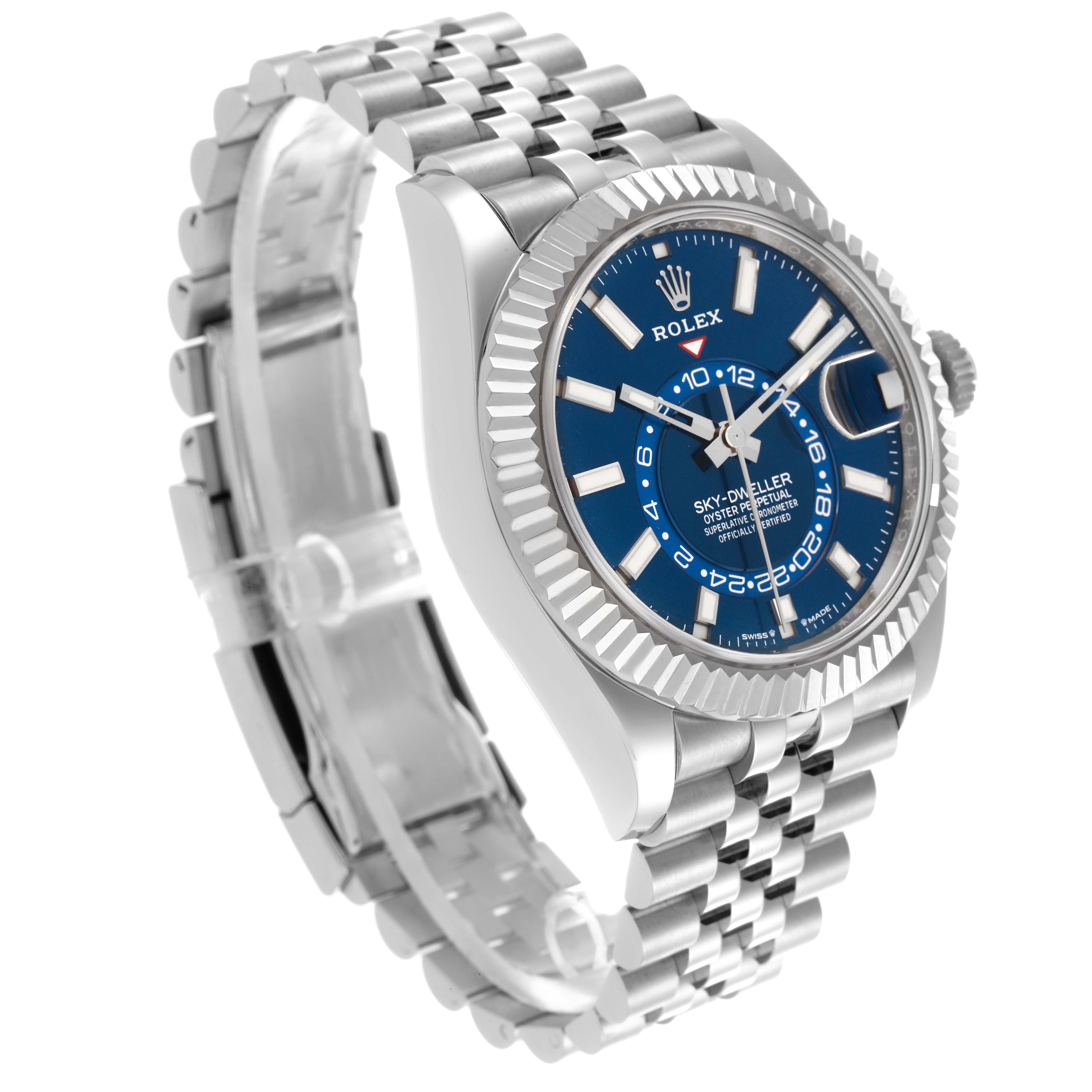 The Rolex Sky-Dweller 336934 Men
s Stainless Steel Blue Dial 336934 Men
s Stainless Steel Blue Dial is shown at an angled view displaying the dial, bezel, case, and part of the bracelet.