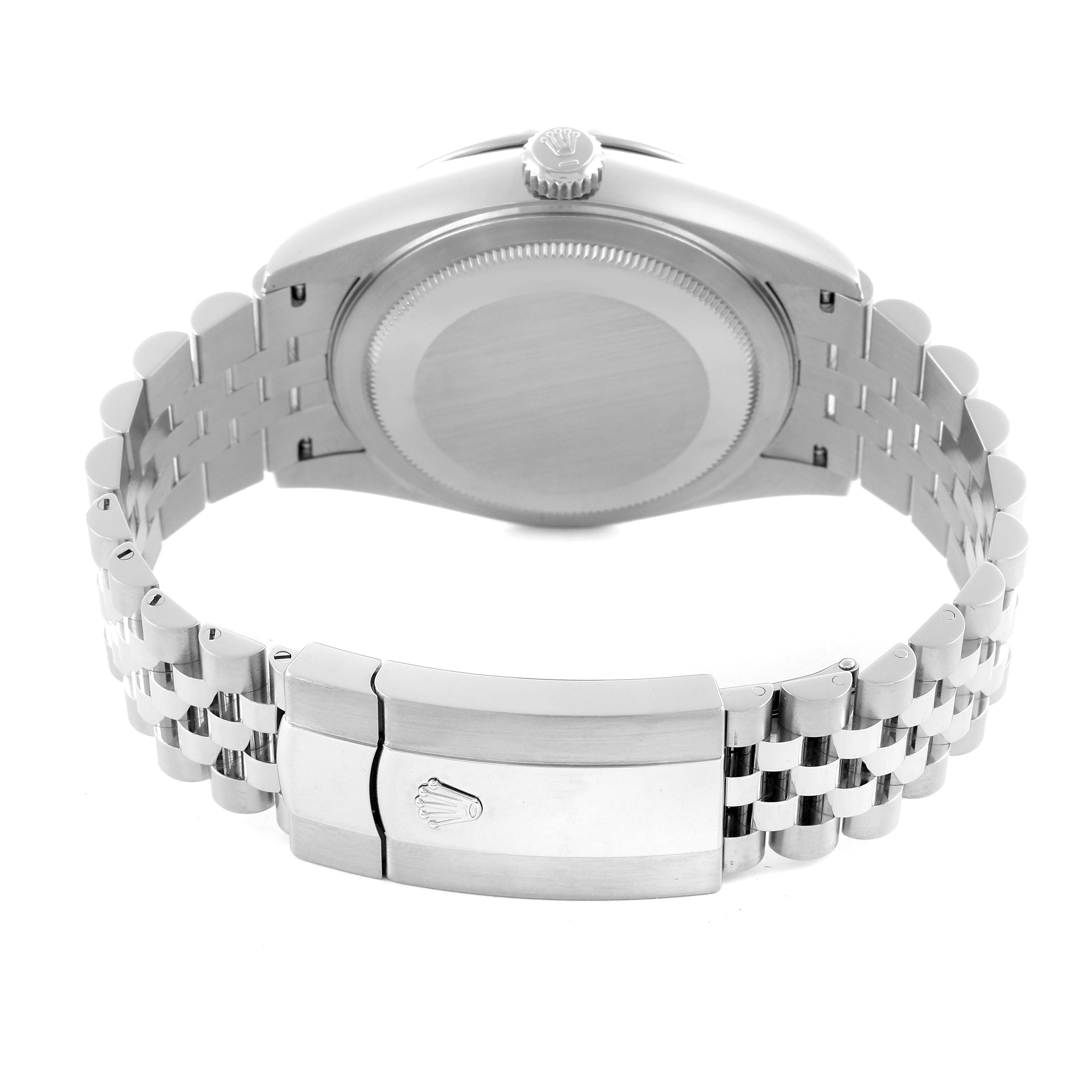 The image shows the back view of the Rolex Sky-Dweller 336934 Men
s Stainless Steel Blue Dial 336934 Men
s Stainless Steel Blue Dial, highlighting the clasp and bracelet.