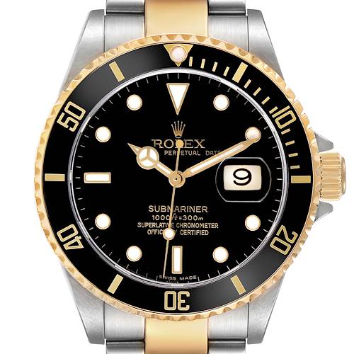 The Rolex Submariner 16613 Men's Steel and Gold (two tone) Black Dial watch is shown from the front, highlighting its dial, bezel, and part of the bracelet.