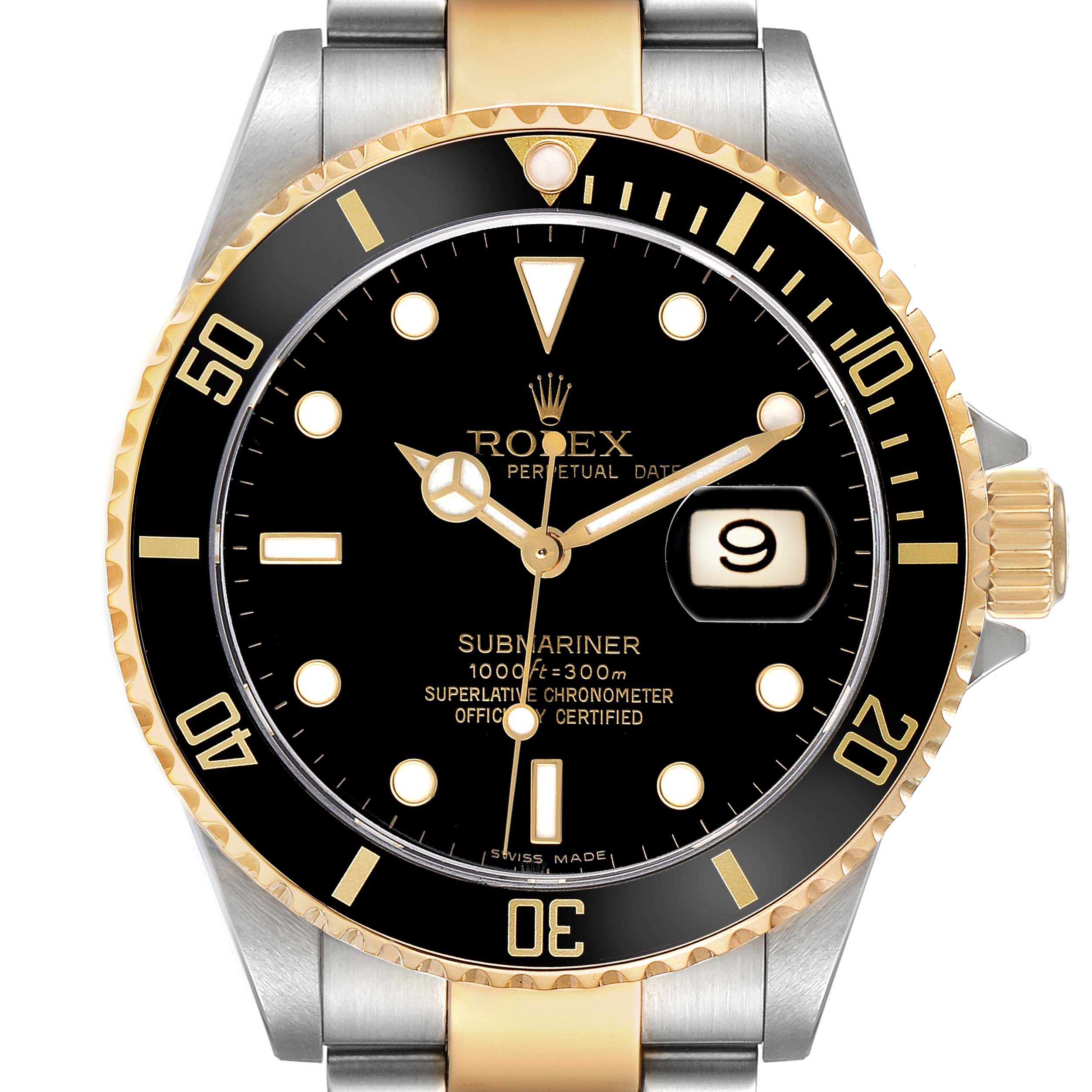 The Rolex Submariner 16613 Men's Steel and Gold (two tone) Black Dial watch is shown from the front, highlighting the face, bezel, and part of the bracelet.