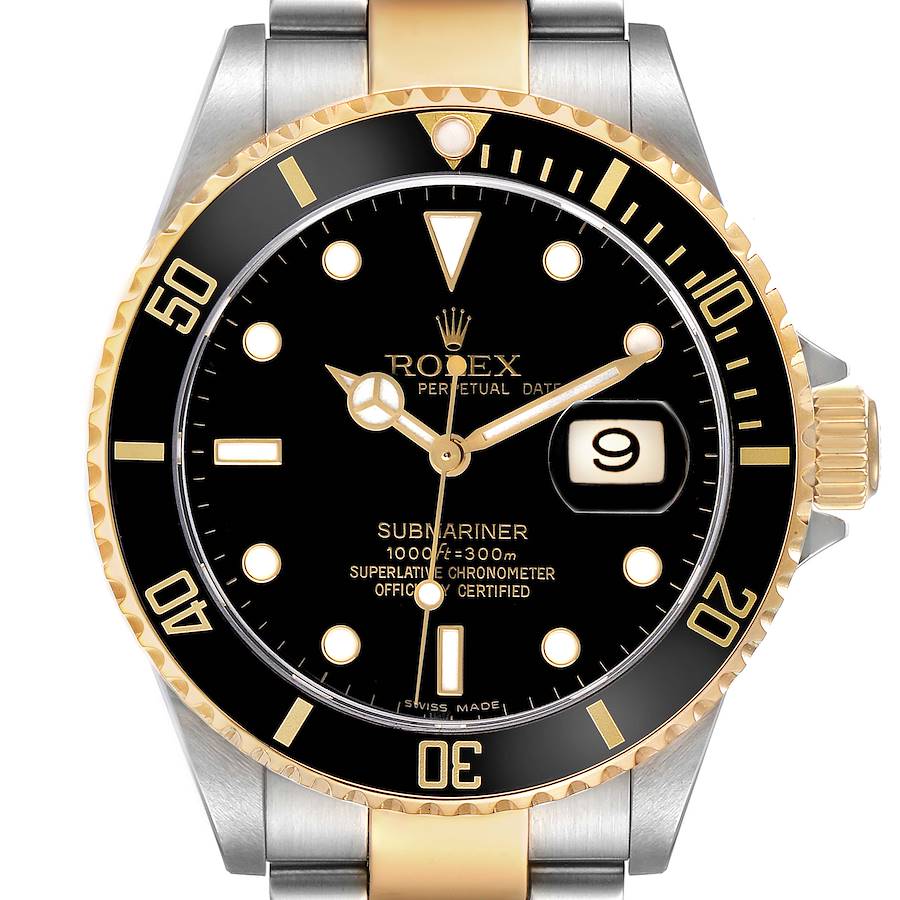 The Rolex Submariner 16613 Men's Steel and Gold (two tone) Black Dial watch is shown from the front, highlighting the face, bezel, and part of the bracelet.