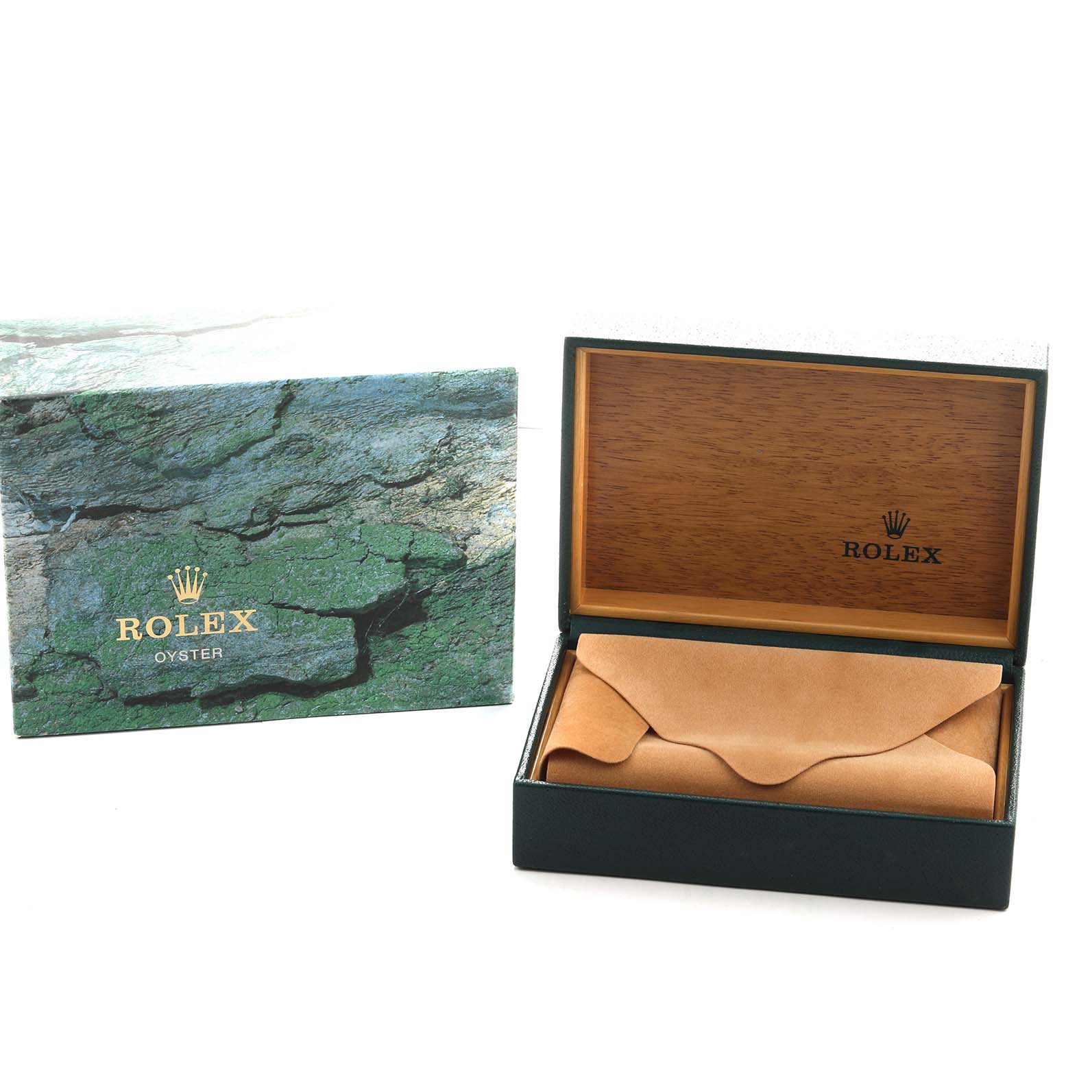 The image shows a Rolex Submariner 16613 Men's Steel and Gold (two tone) Black Dial box with a green textured lid and a beige suede interior.