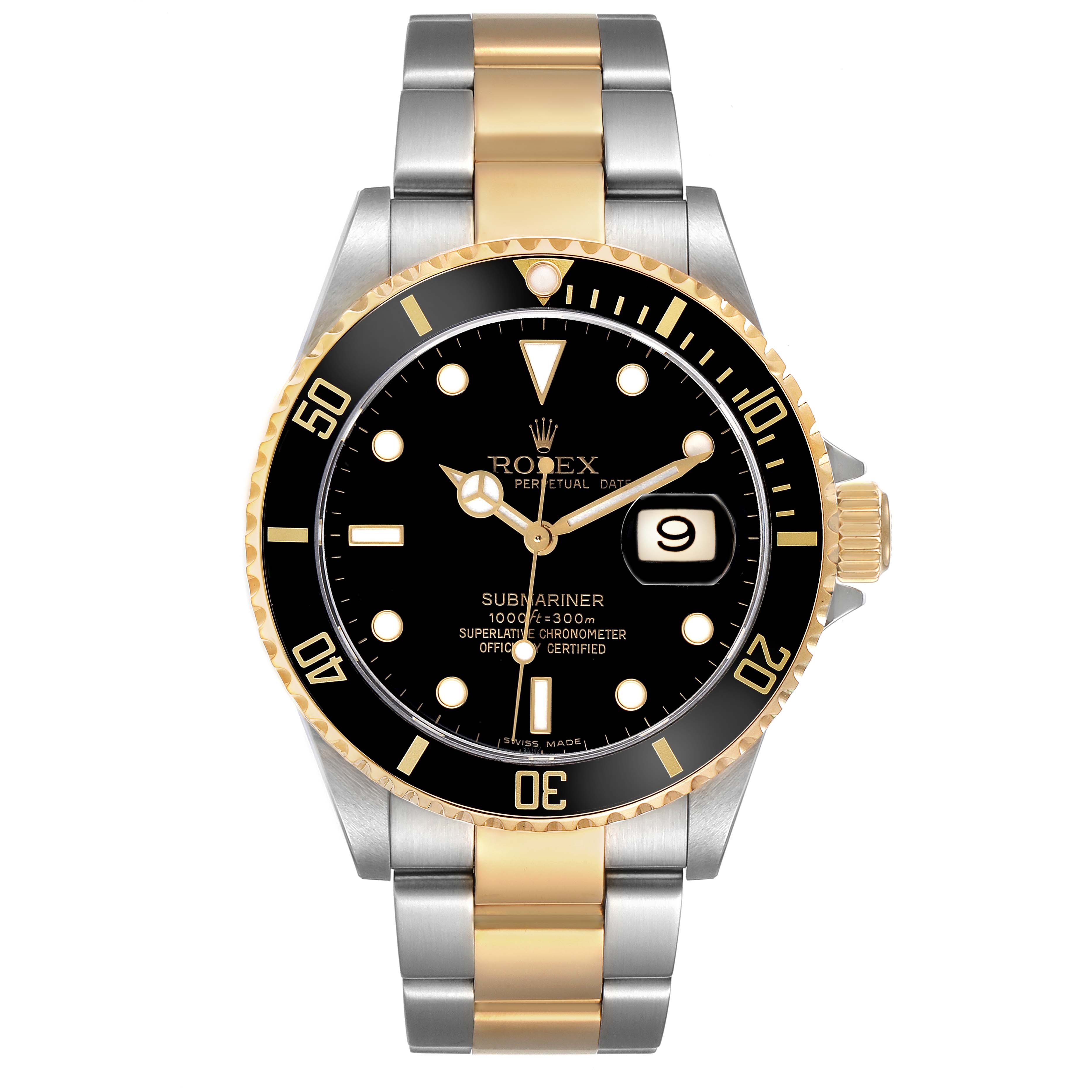 The Rolex Submariner 16613 Men's Steel and Gold (two tone) Black Dial watch is shown from a front view, displaying the dial, bezel, case, and bracelet.