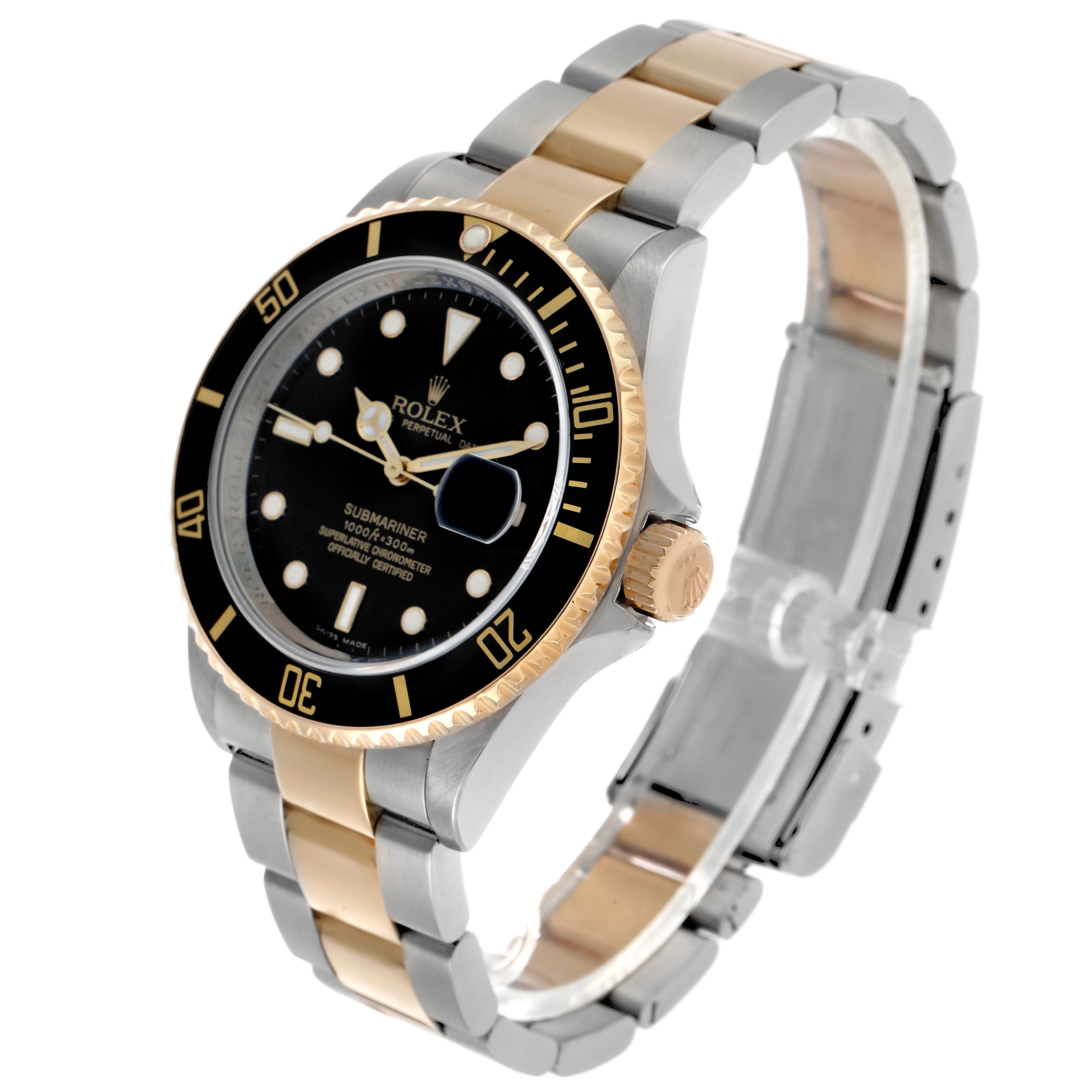 The Rolex Submariner 16613 Men's Steel and Gold (two tone) Black Dial watch is shown at a three-quarter angle, highlighting its dial, bezel, and bracelet.