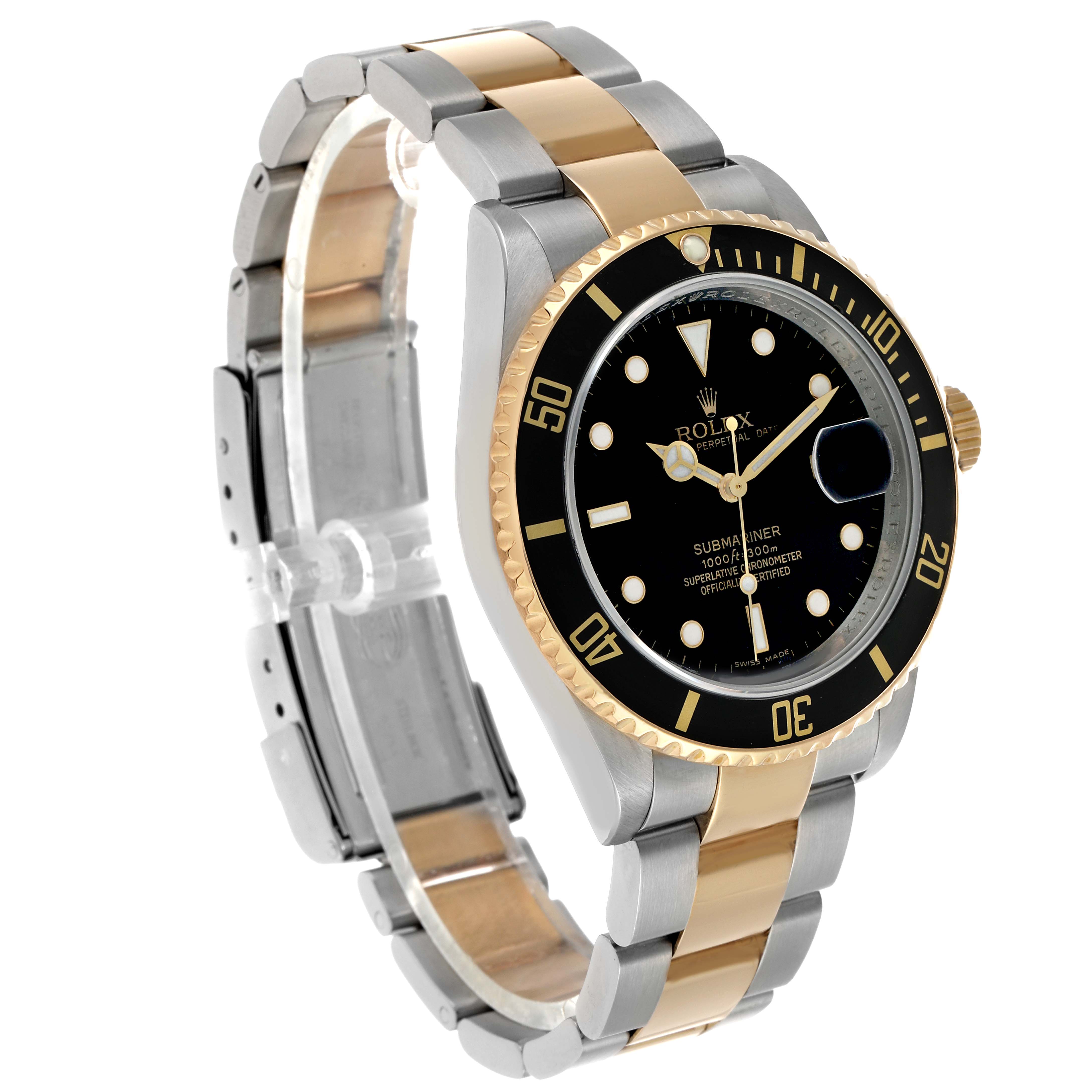 The Rolex Submariner 16613 Men's Steel and Gold (two tone) Black Dial watch is shown at a three-quarter angle, highlighting the bracelet, bezel, and dial.