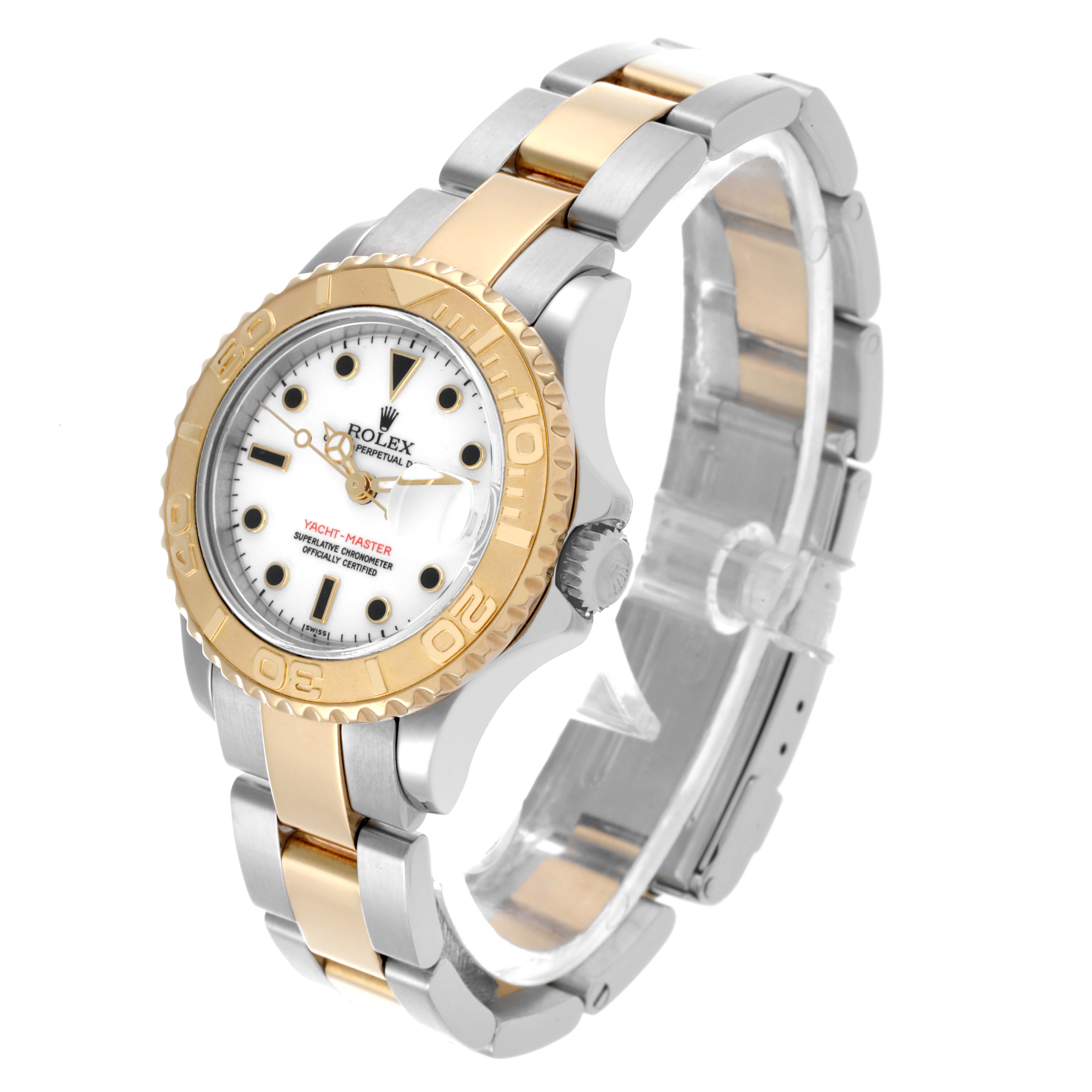 The Rolex Yacht-Master 69623 Women
s Steel and Gold (two tone) White Dial 69623 Women
s Steel and Gold (two tone) White Dial watch is shown at a three-quarter angle, highlighting the bezel, dial, and bracelet.
