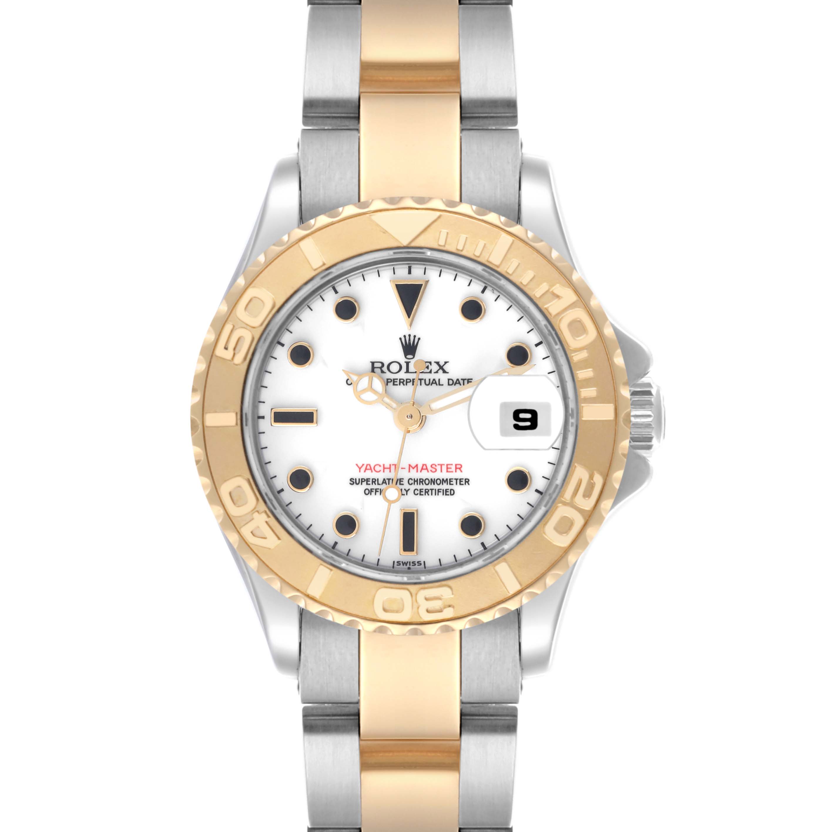 The Rolex Yacht-Master 69623 Women
s Steel and Gold (two tone) White Dial 69623 Women
s Steel and Gold (two tone) White Dial watch is shown from the front, highlighting the dial, bezel, and two-tone bracelet.