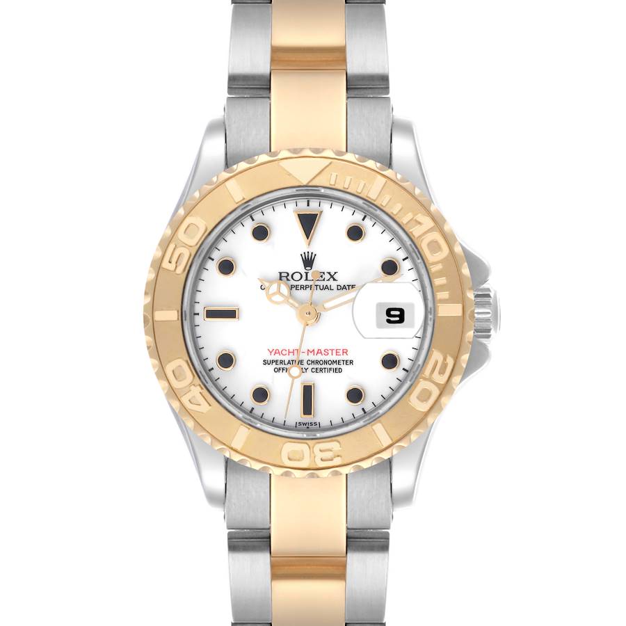 The Rolex Yacht-Master watch is shown from the front, highlighting the dial, bezel, and two-tone bracelet.