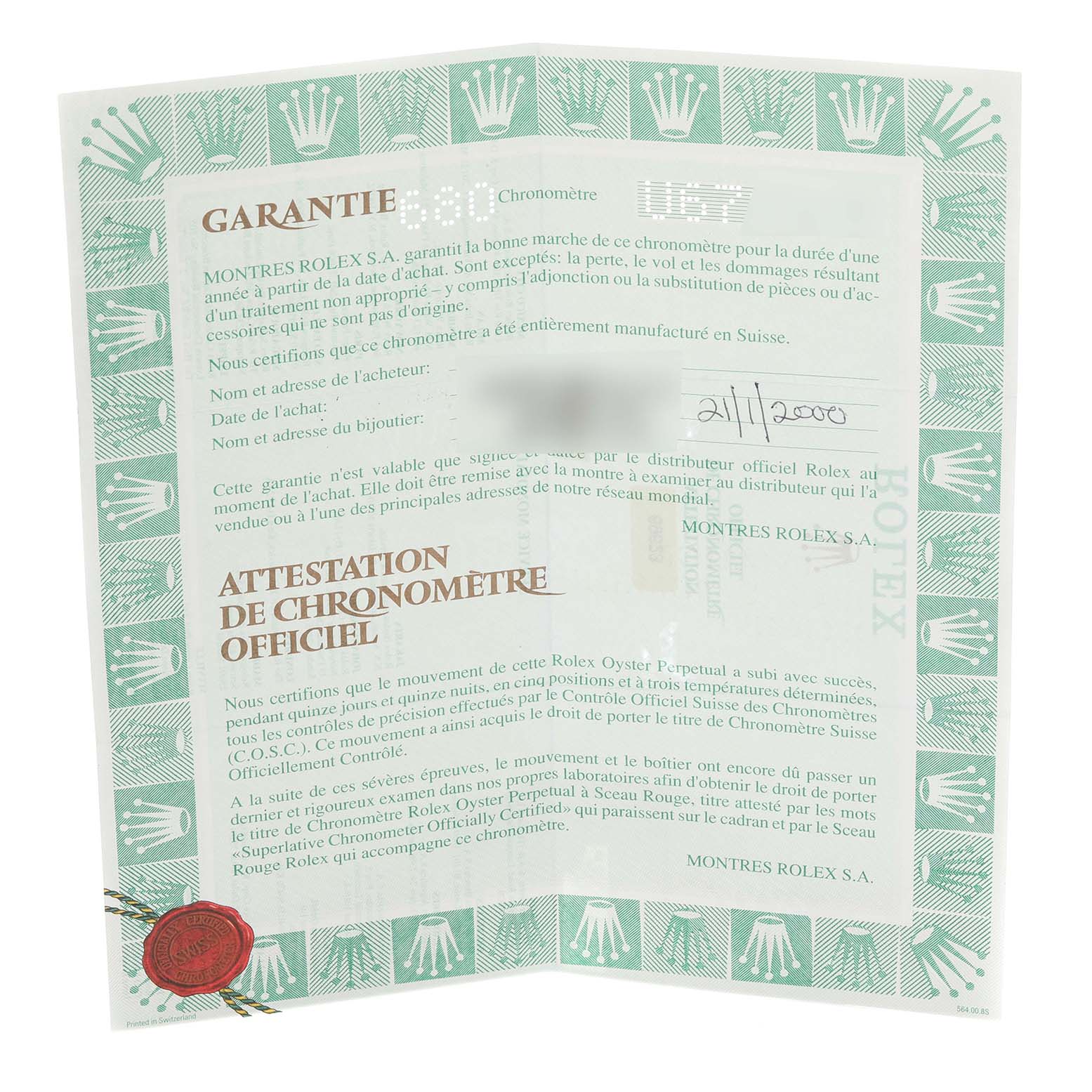 This image shows the warranty card for a Rolex Yacht-Master 69623 Women
s Steel and Gold (two tone) White Dial 69623 Women
s Steel and Gold (two tone) White Dial watch.