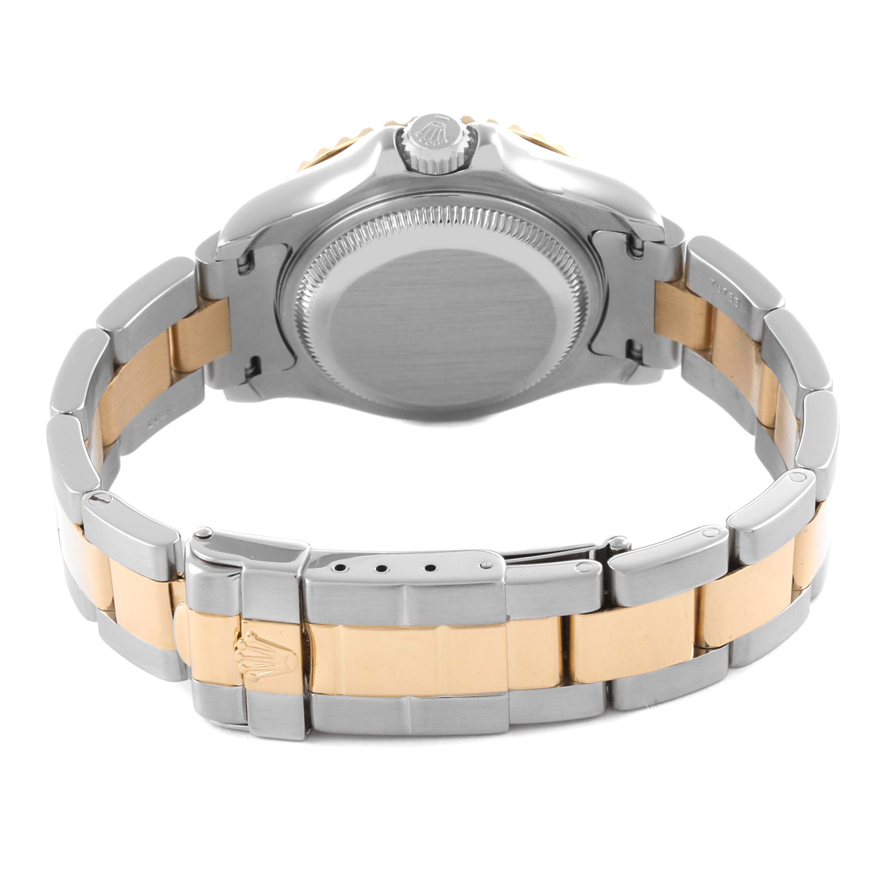 The image shows the back and bracelet of a Rolex Yacht-Master 69623 Women
s Steel and Gold (two tone) White Dial 69623 Women
s Steel and Gold (two tone) White Dial, highlighting the clasp and case back in a rear view.