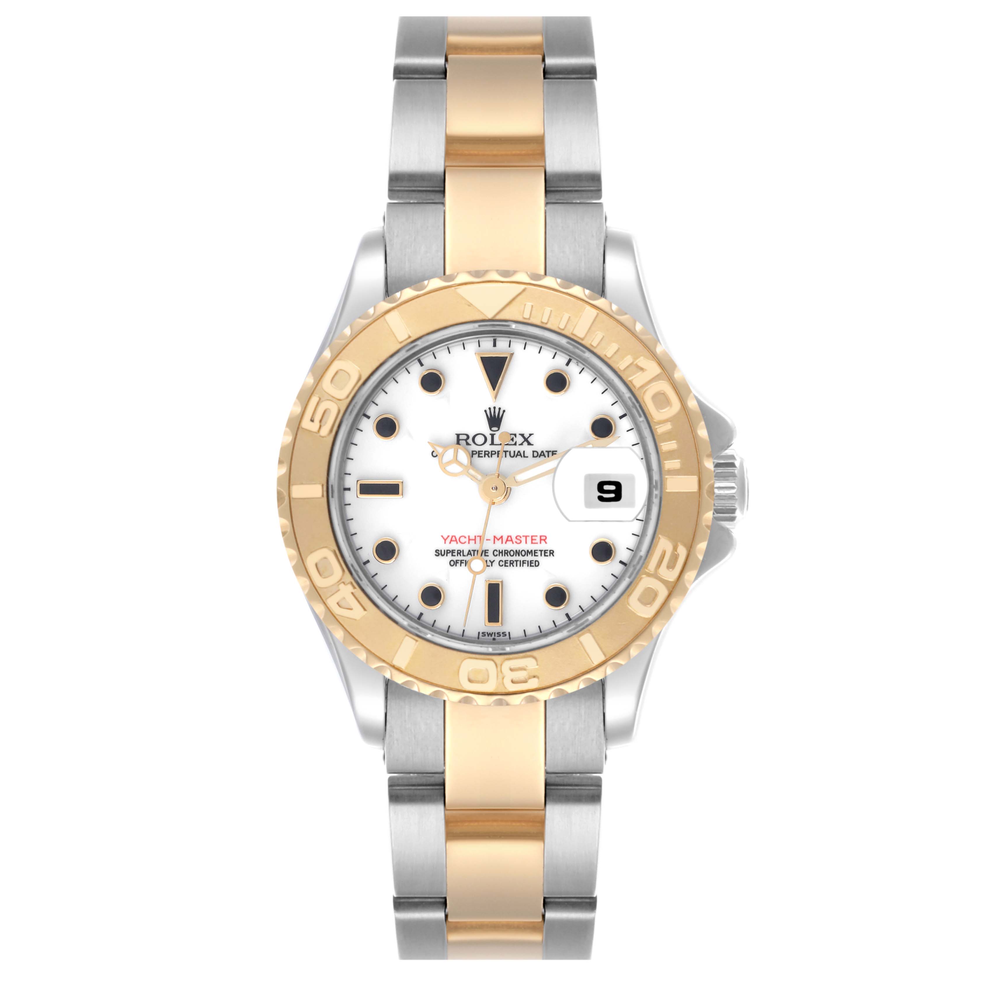 The Rolex Yacht-Master 69623 Women
s Steel and Gold (two tone) White Dial 69623 Women
s Steel and Gold (two tone) White Dial watch is shown from a top-down angle, highlighting its dial, bezel, and two-tone bracelet.