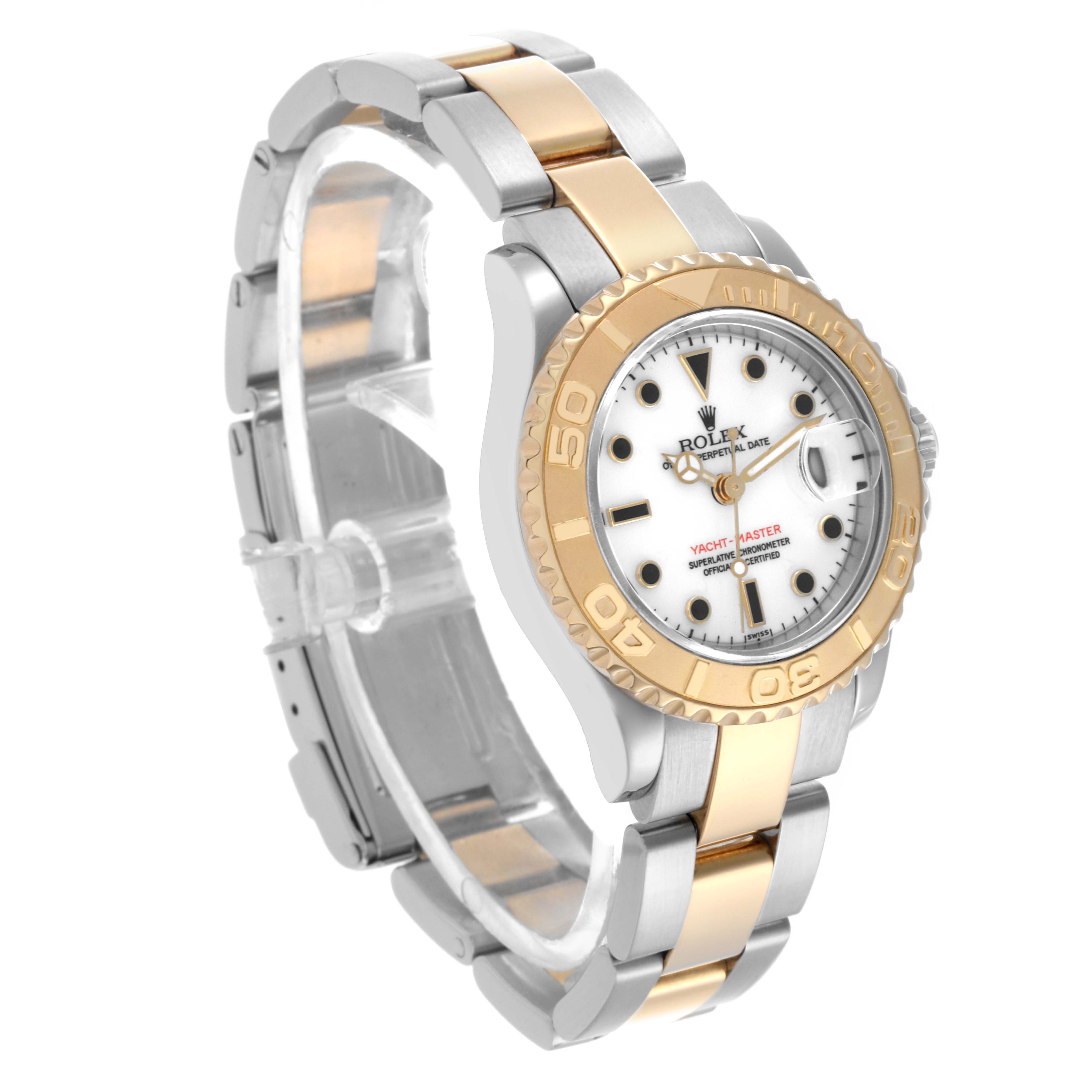 The Rolex Yacht-Master 69623 Women
s Steel and Gold (two tone) White Dial 69623 Women
s Steel and Gold (two tone) White Dial watch is shown at a three-quarter angle, displaying its face, bezel, and two-tone bracelet.