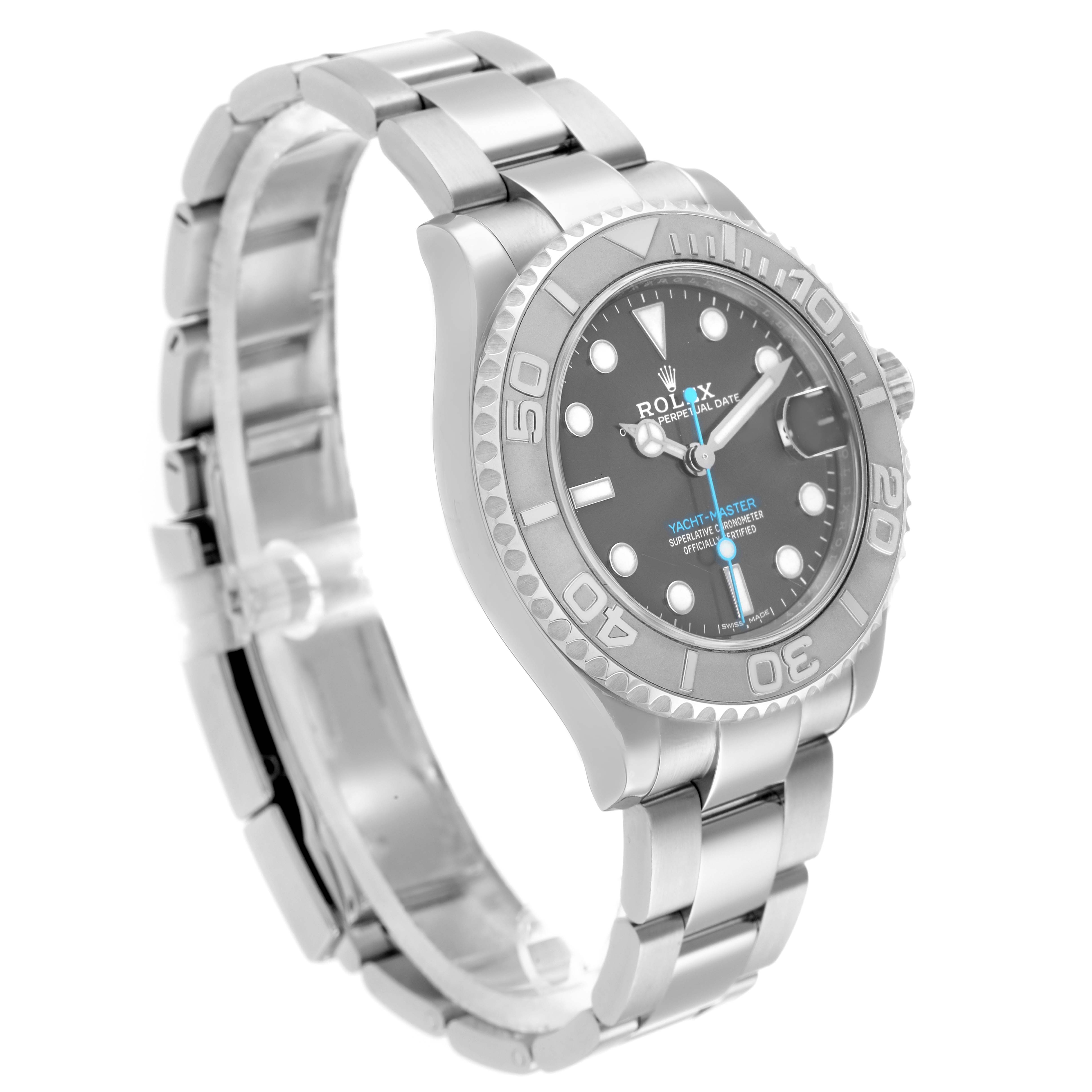 The Rolex Yacht-Master 268622 Men's Stainless Steel Grey Dial watch is shown at a slight angle, displaying the face, bezel, and bracelet.