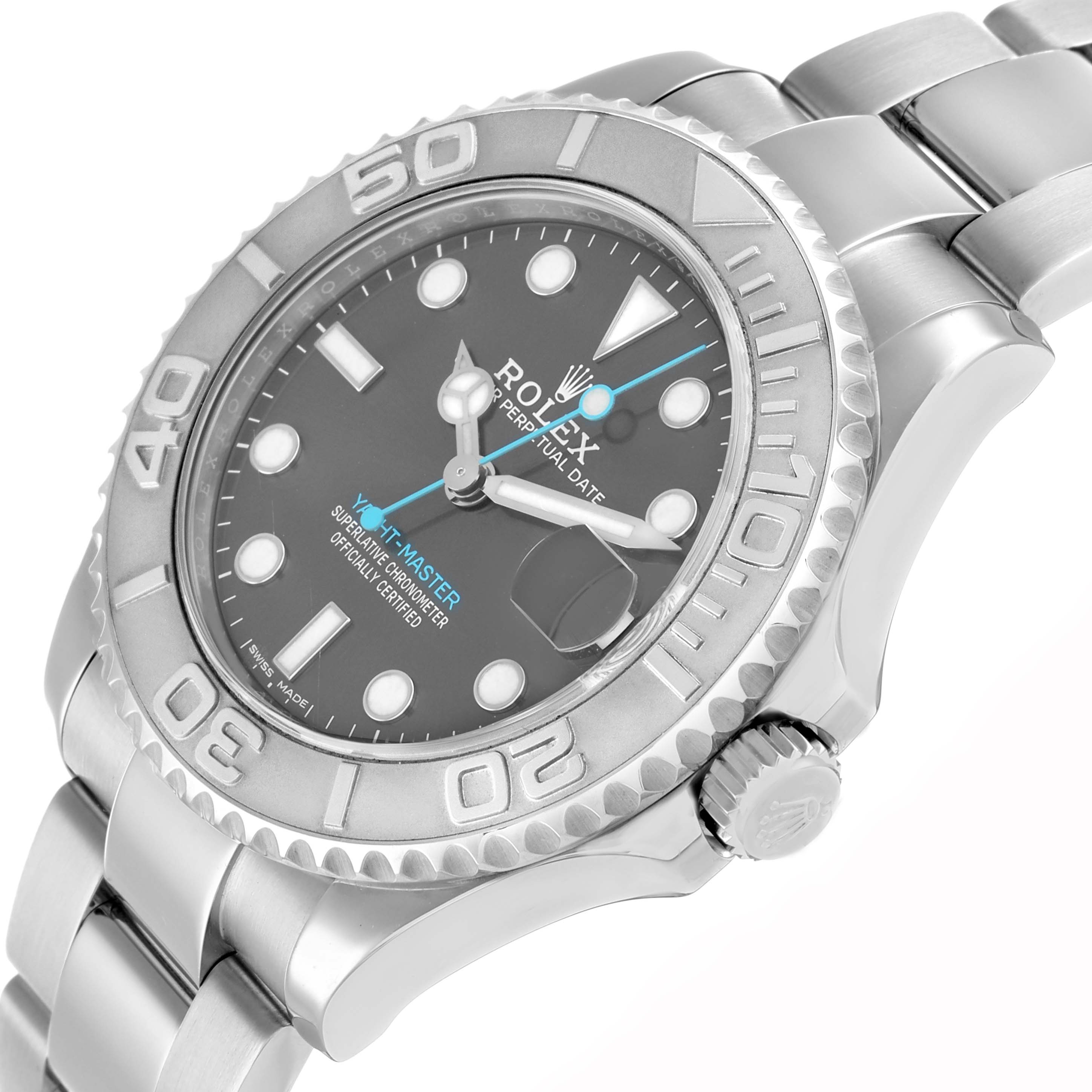 The Rolex Yacht-Master 268622 Men's Stainless Steel Grey Dial watch is shown at a three-quarter angle, highlighting the bezel, crown, and bracelet.