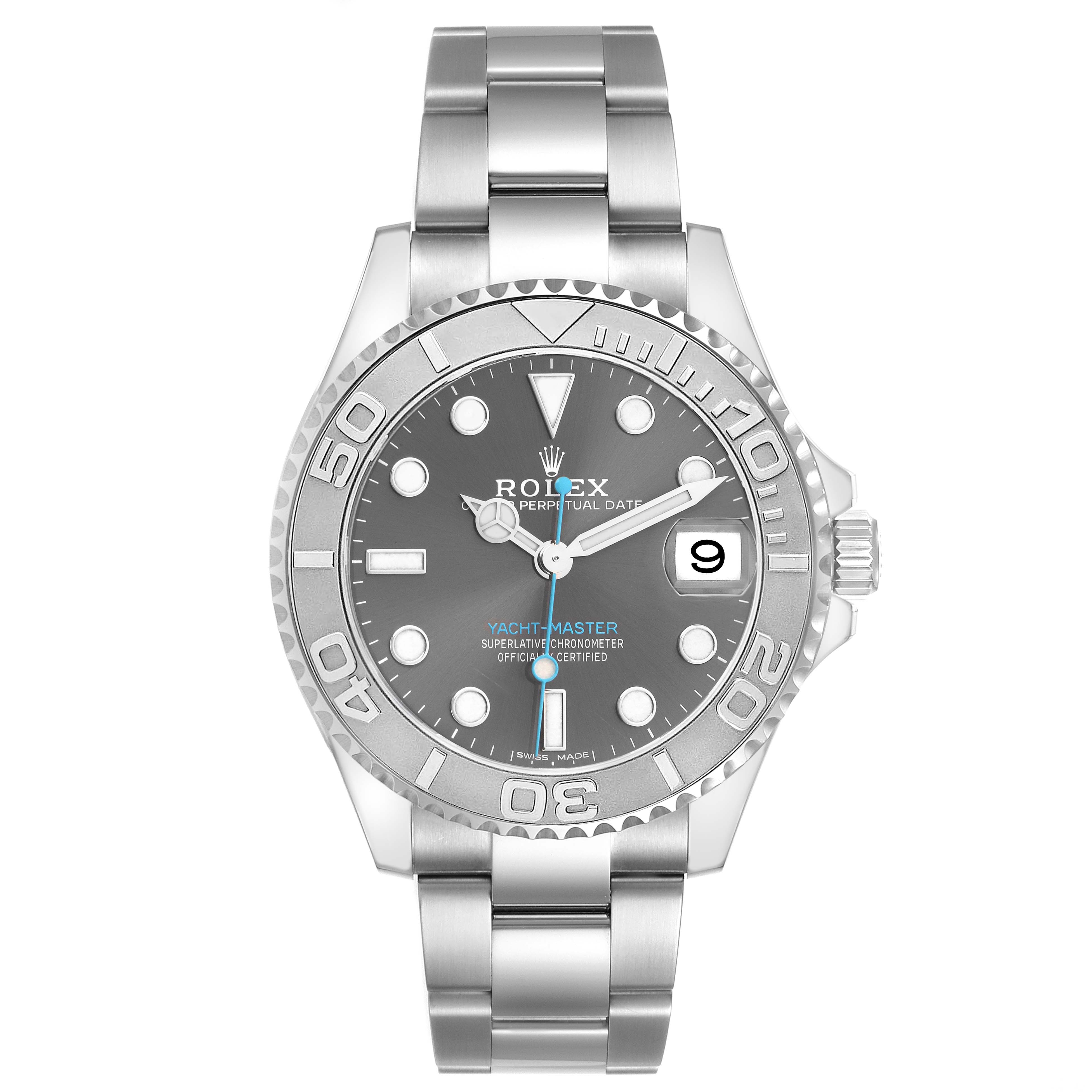 The Rolex Yacht-Master 268622 Men's Stainless Steel Grey Dial watch is shown from a frontal angle, displaying its face, bezel, bracelet, and crown.