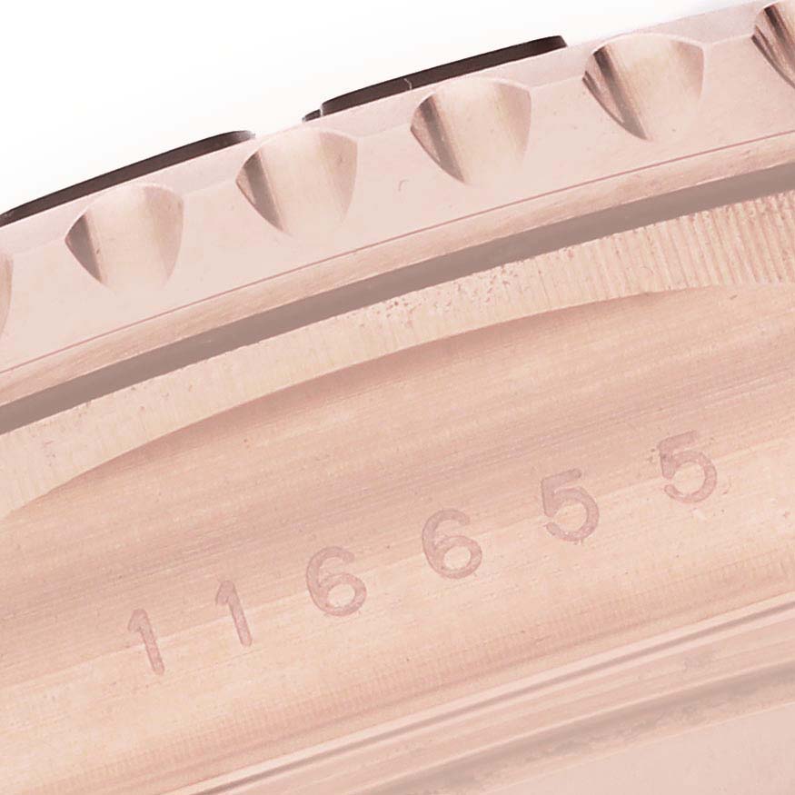 The image shows a close-up of the Rolex Yacht-Master 116655 Men's Rose Gold Black Dial 116655 Men's Rose Gold Black Dial's engraved case side with the model number visible.