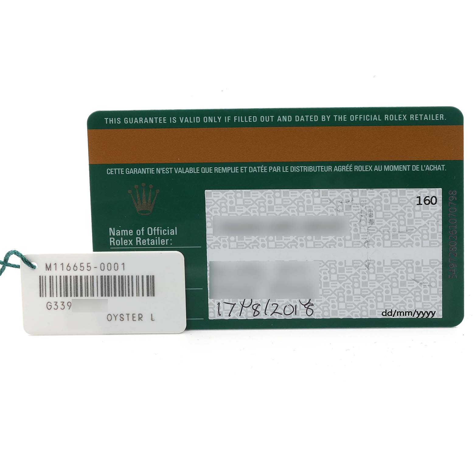 The image shows the warranty card and model tag for a Rolex Yacht-Master 116655 Men's Rose Gold Black Dial 116655 Men's Rose Gold Black Dial watch.