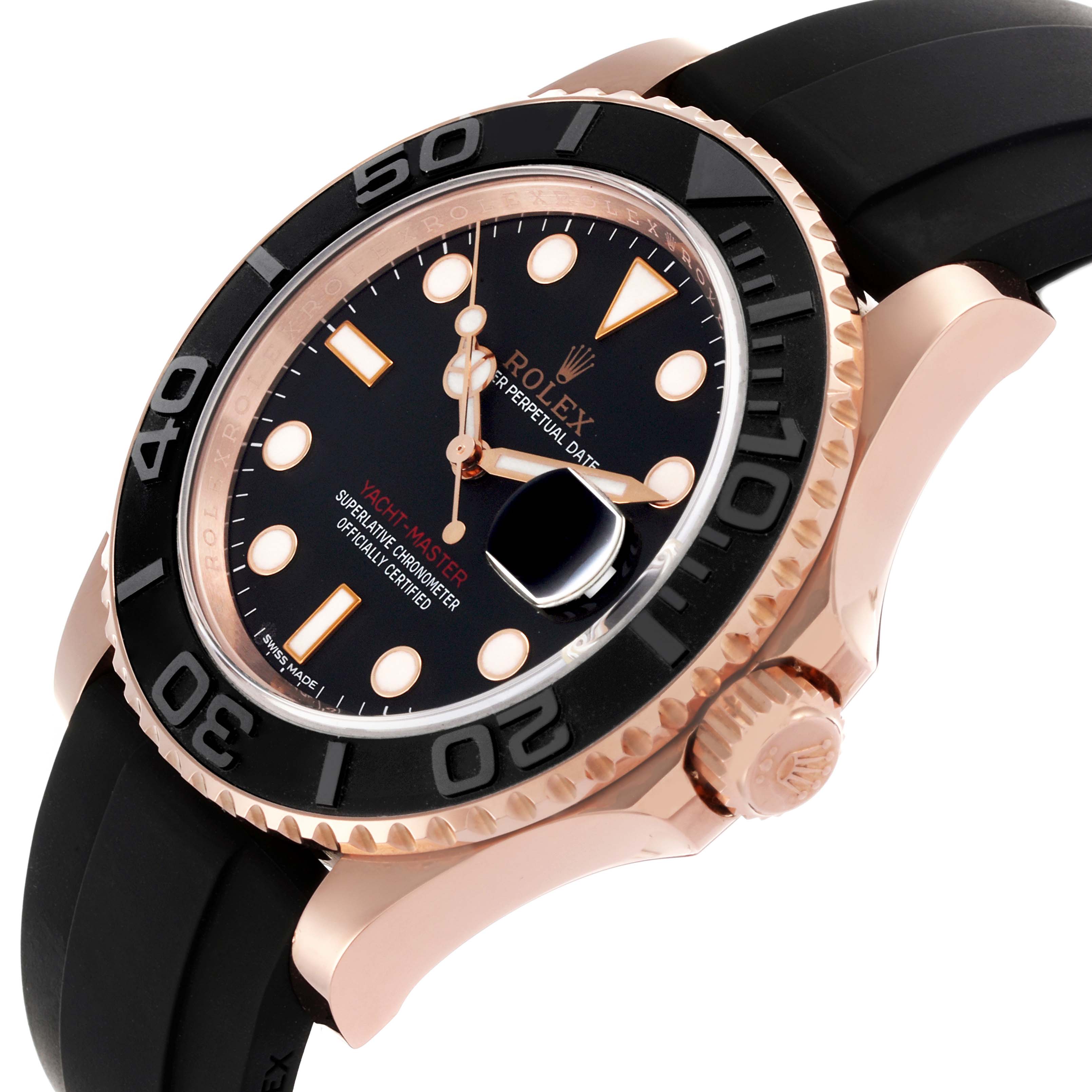 The Rolex Yacht-Master 116655 Men's Rose Gold Black Dial 116655 Men's Rose Gold Black Dial is shown at an angled view, displaying the bezel, dial, case, and part of the strap.