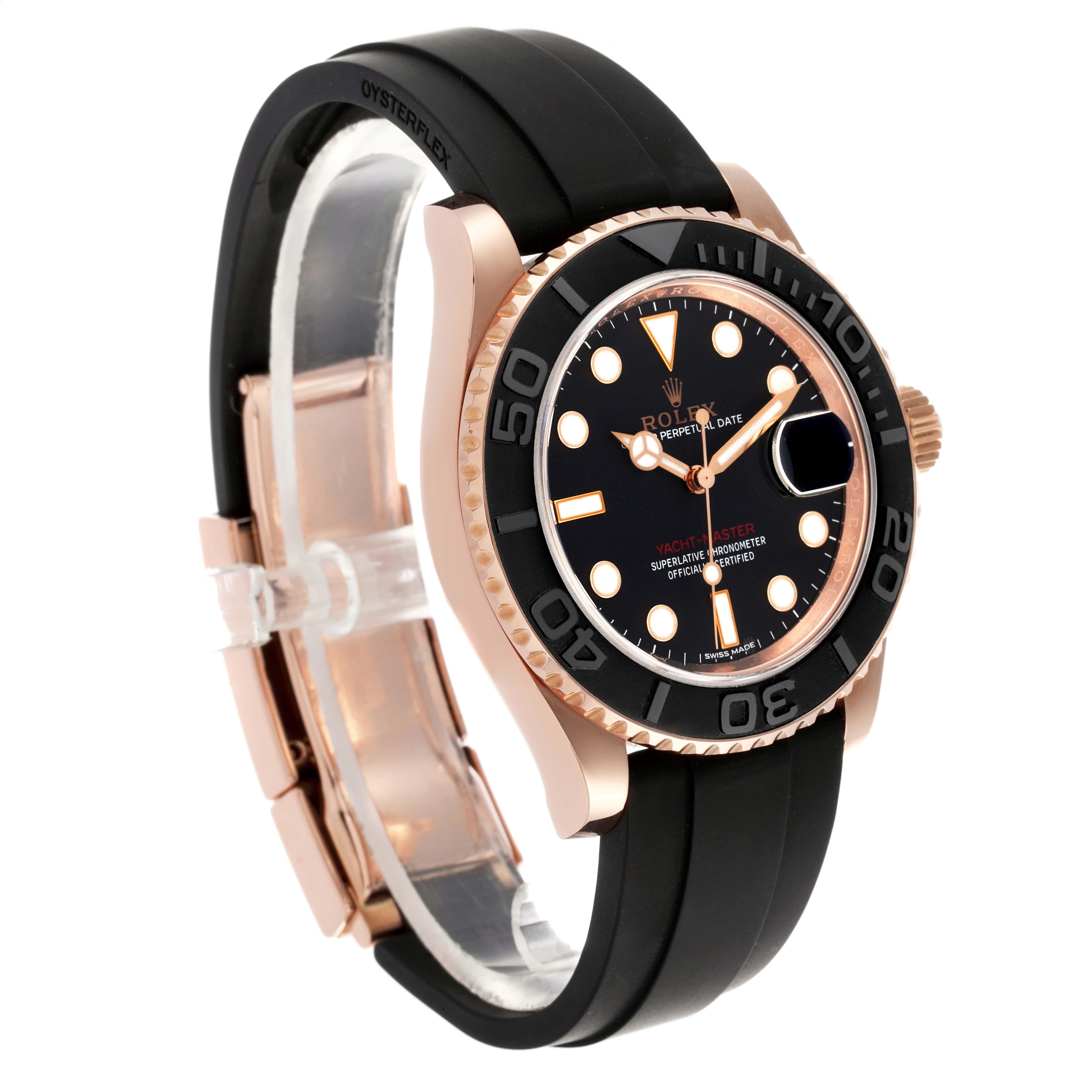 The Rolex Yacht-Master 116655 Men's Rose Gold Black Dial 116655 Men's Rose Gold Black Dial is shown at an angle displaying the face, bezel, crown, and rubber strap.