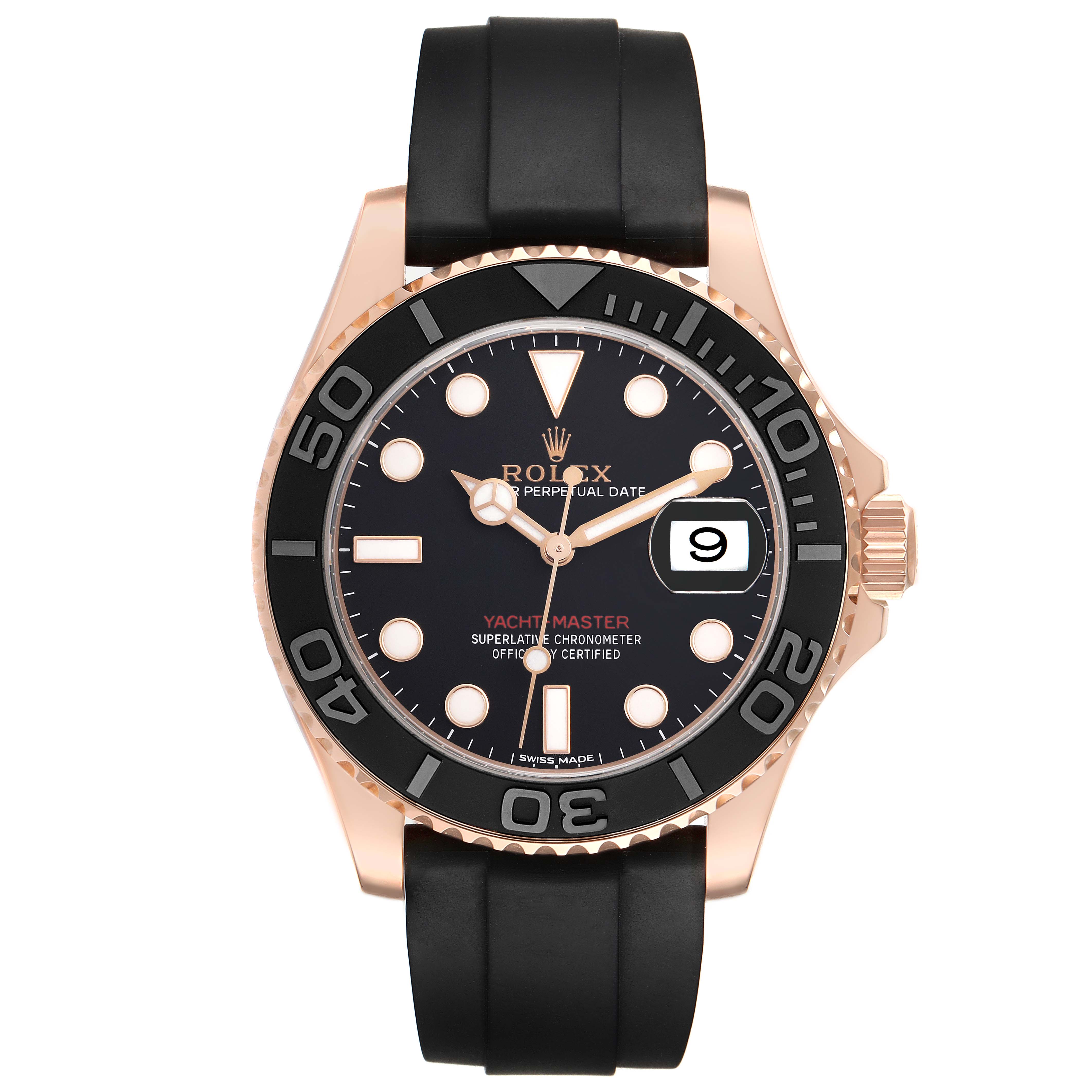 The Rolex Yacht-Master 116655 Men's Rose Gold Black Dial 116655 Men's Rose Gold Black Dial watch is shown from a front angle, displaying the face, bezel, and strap.
