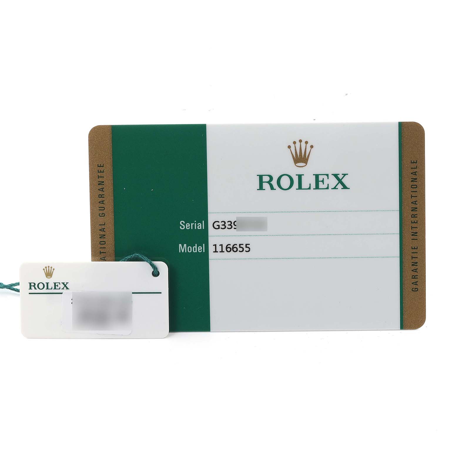 The image shows a card and tag for a Rolex Yacht-Master 116655 Men's Rose Gold Black Dial 116655 Men's Rose Gold Black Dial watch, model 116655, with serial and model numbers.