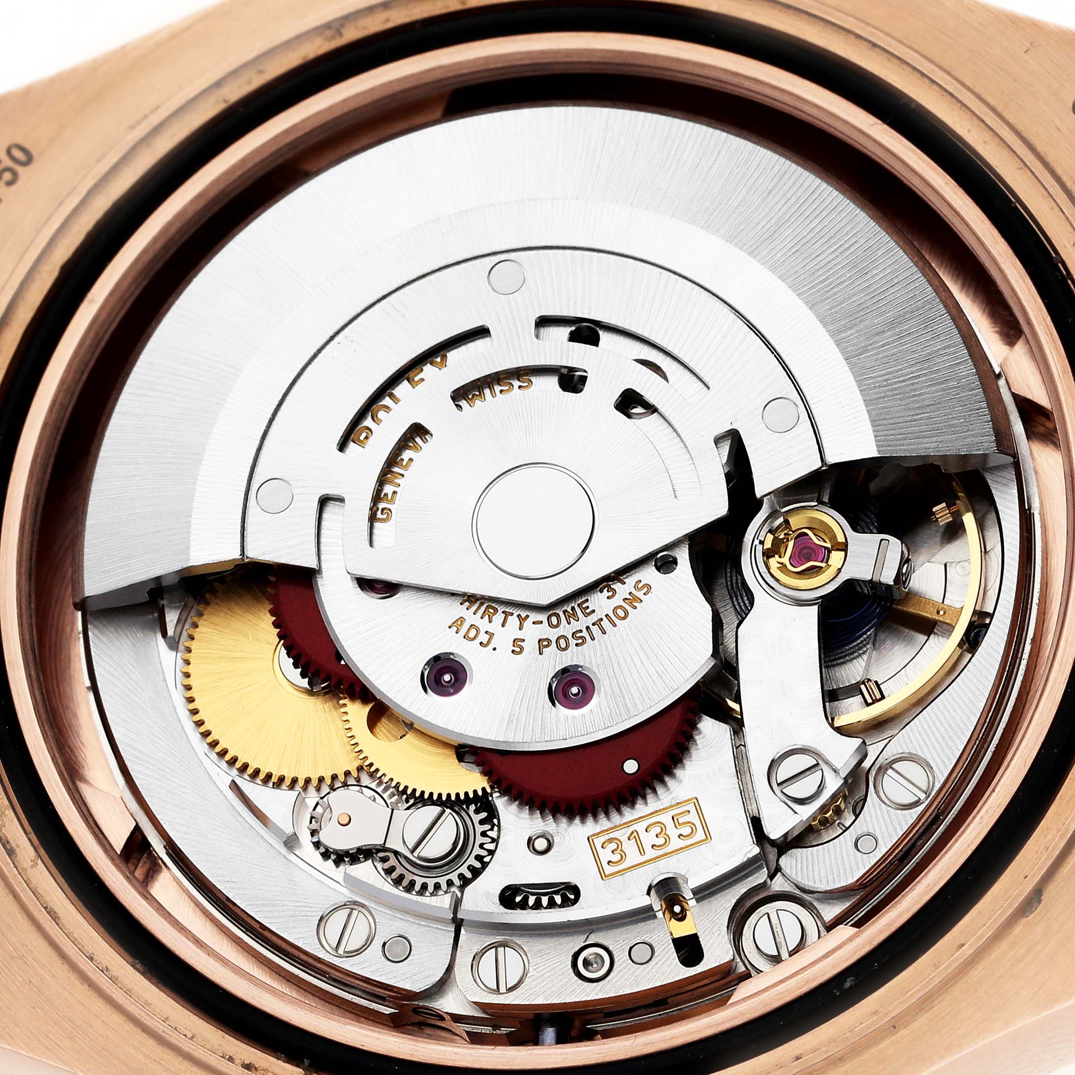 The image shows the Rolex Yacht-Master 116655 Men's Rose Gold Black Dial 116655 Men's Rose Gold Black Dial's movement mechanism from a top view, highlighting gears and components.