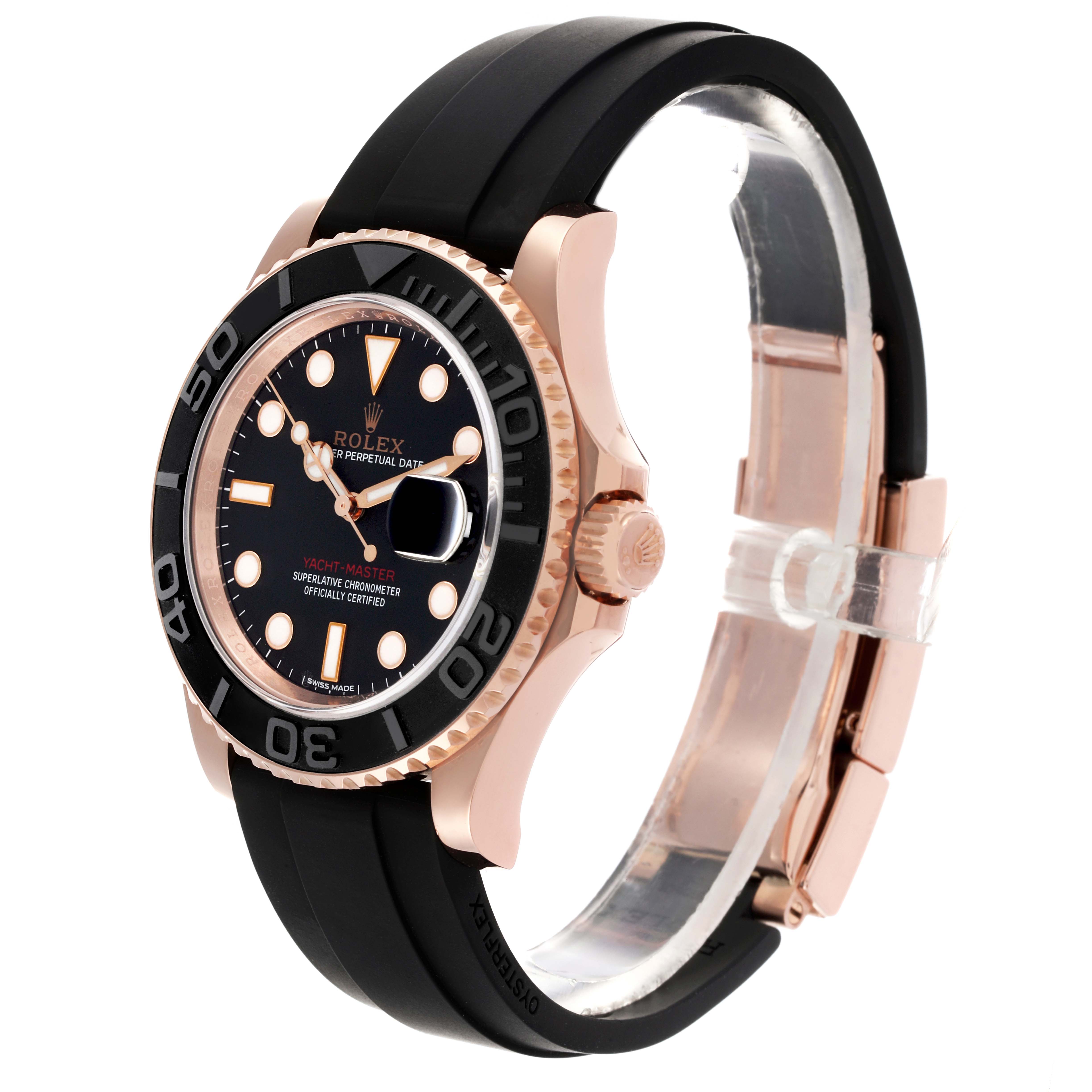 The Rolex Yacht-Master 116655 Men's Rose Gold Black Dial 116655 Men's Rose Gold Black Dial watch is shown from a side angle, displaying the bezel, case, crown, and part of the strap.