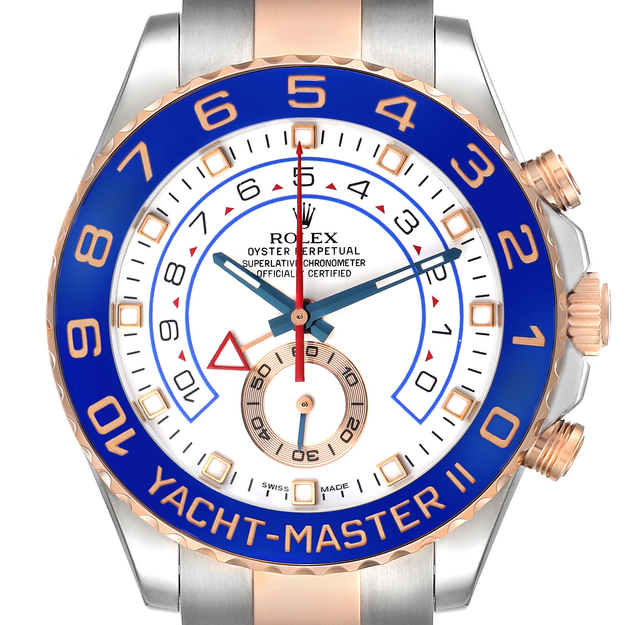 The Rolex Yacht-Master 116681M Men's Steel and Gold (two tone) White Dial II is shown from the front, highlighting its blue bezel, white dial, and gold accents.