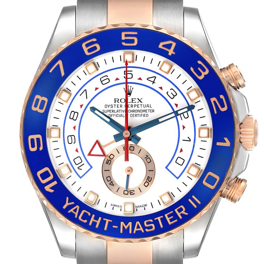 The Rolex Yacht-Master 116681M Men's Steel and Gold (two tone) White Dial II is shown from the front, highlighting its blue bezel, white dial, and gold accents.