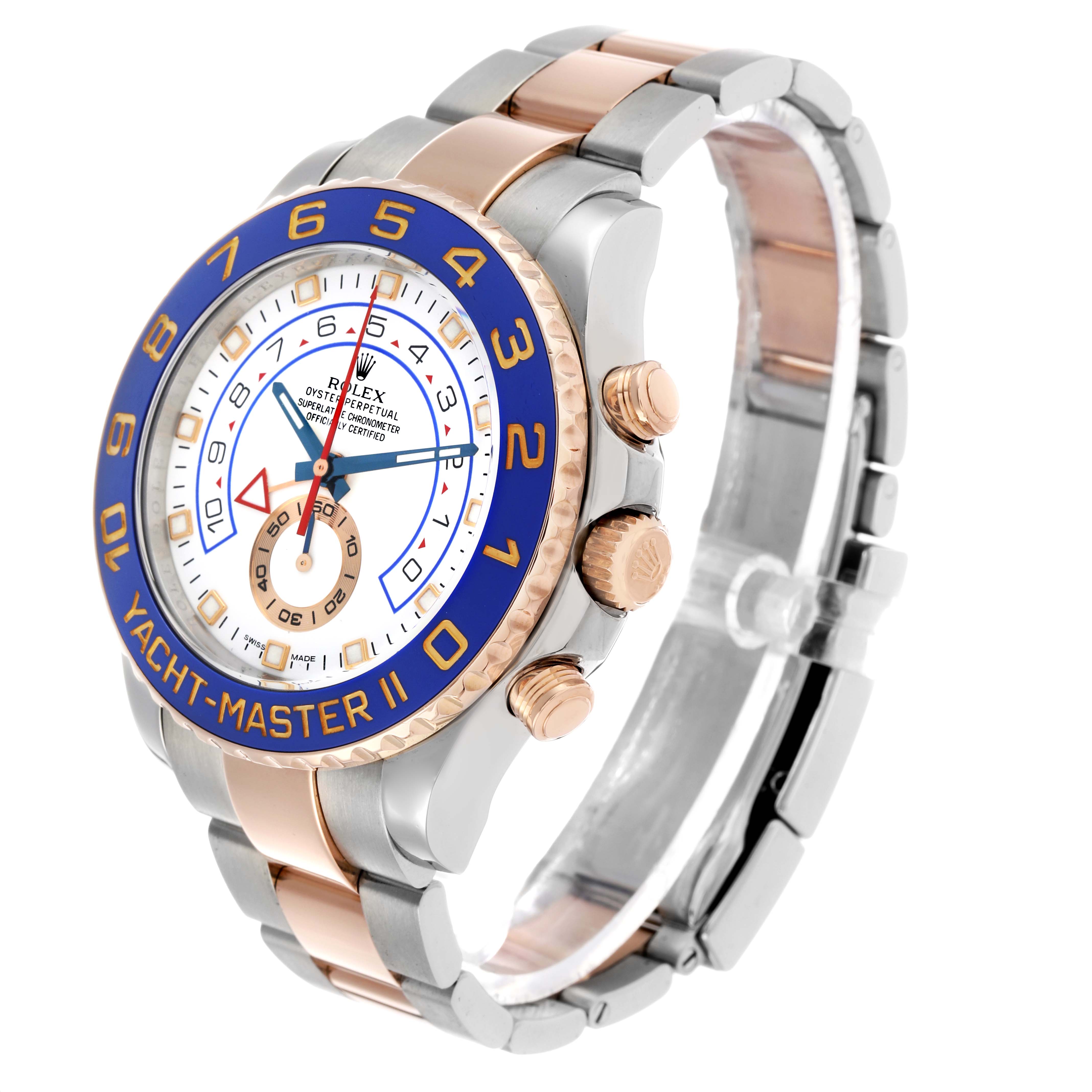The Rolex Yacht-Master 116681M Men's Steel and Gold (two tone) White Dial II watch is shown at a slight angle, highlighting the bezel, dial, crown, and bracelet.