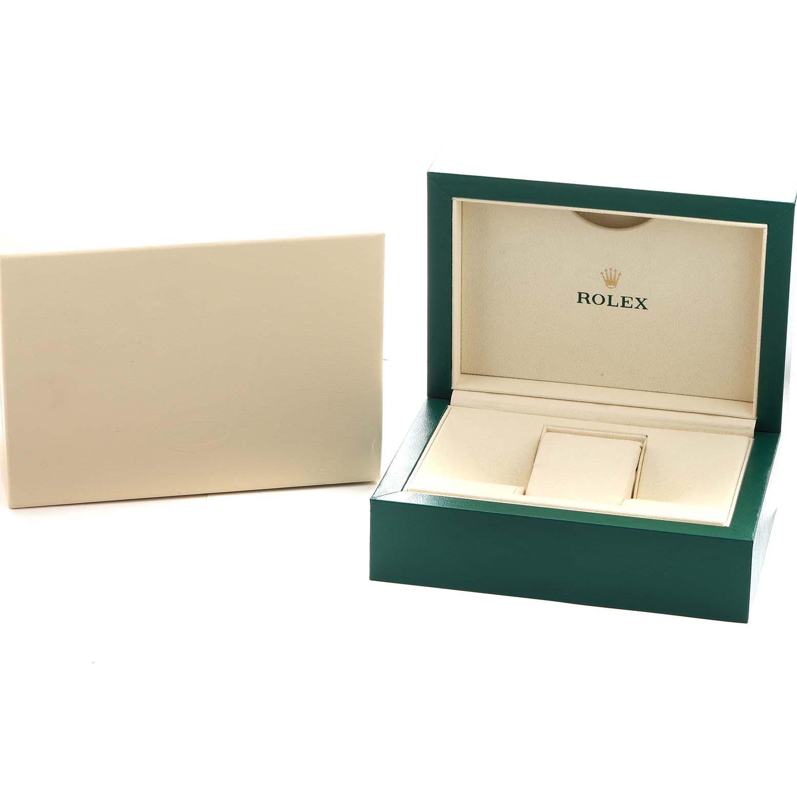 The image shows a Rolex Yacht-Master 116681M Men's Steel and Gold (two tone) White Dial watch box set with an open green box revealing the interior and a beige outer box lid.