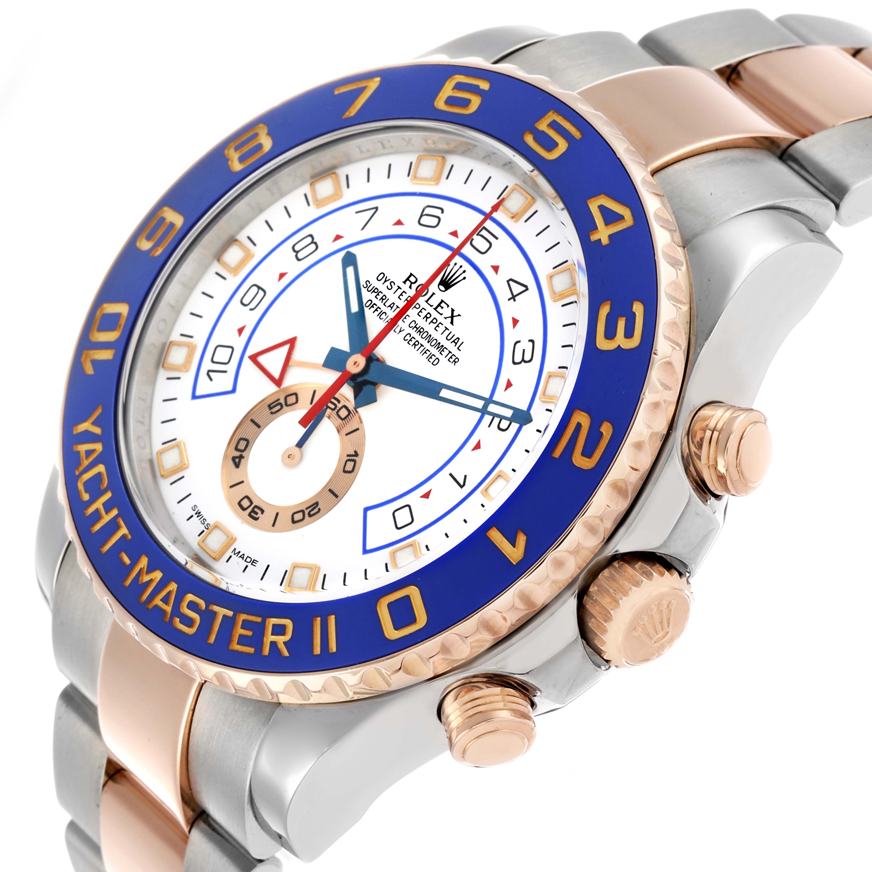 The Rolex Yacht-Master 116681M Men's Steel and Gold (two tone) White Dial II is shown at an angled view, highlighting the bezel, dial, case, and crown.
