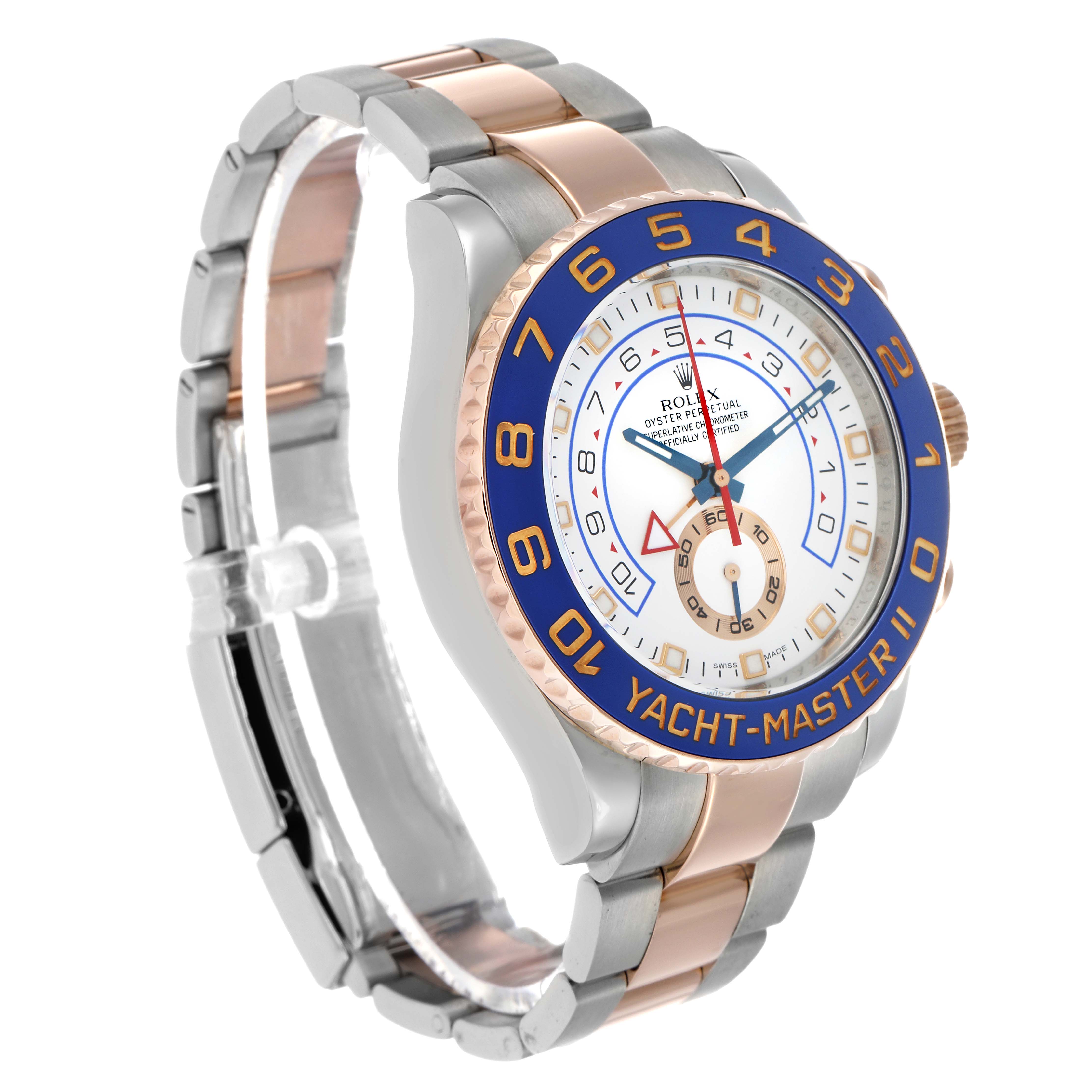 The Rolex Yacht-Master 116681M Men's Steel and Gold (two tone) White Dial watch is shown at a three-quarter angle, displaying the face, bezel, and part of the bracelet.