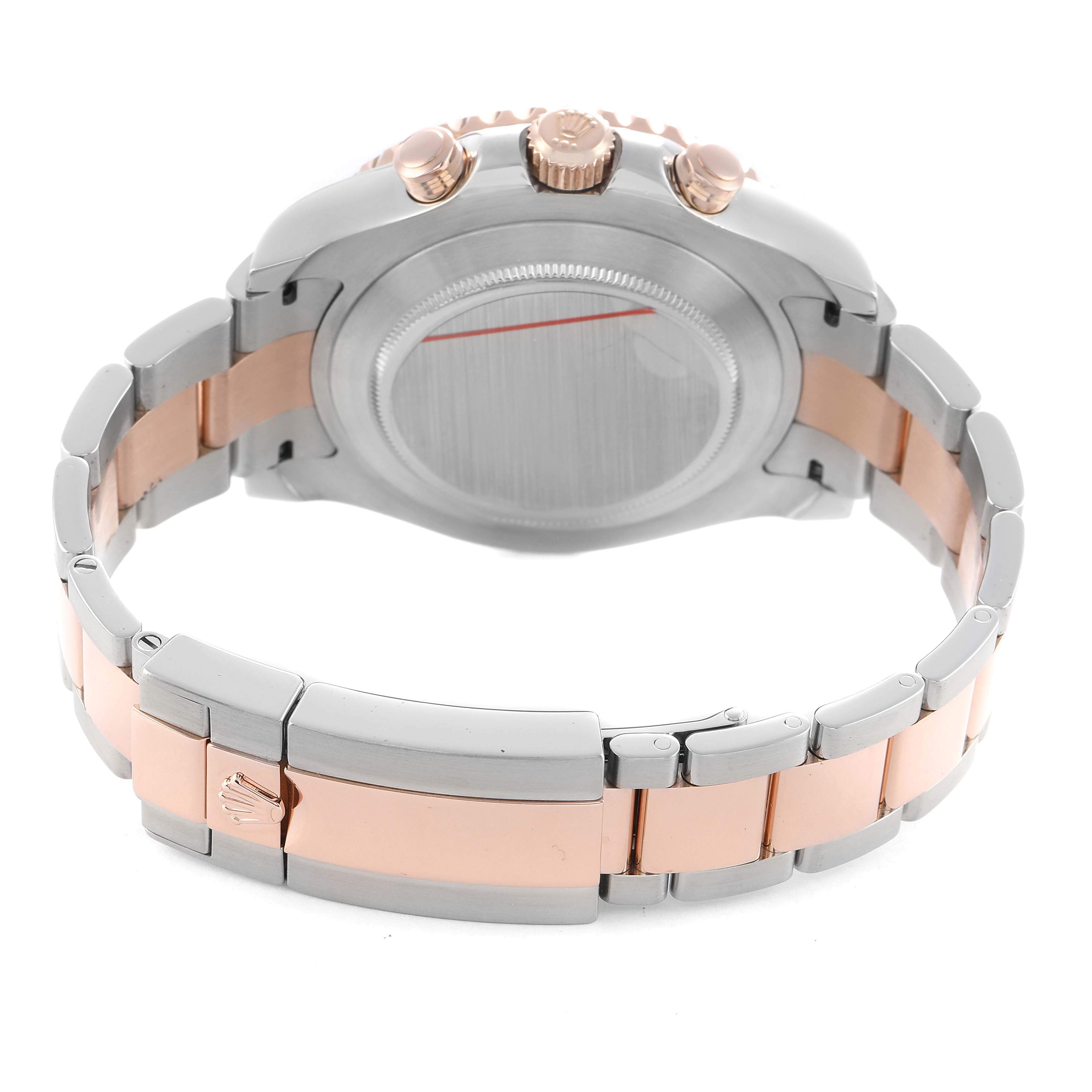 The Rolex Yacht-Master 116681M Men's Steel and Gold (two tone) White Dial is shown from the back, featuring the clasp, case back, and bracelet with two-tone metal links.