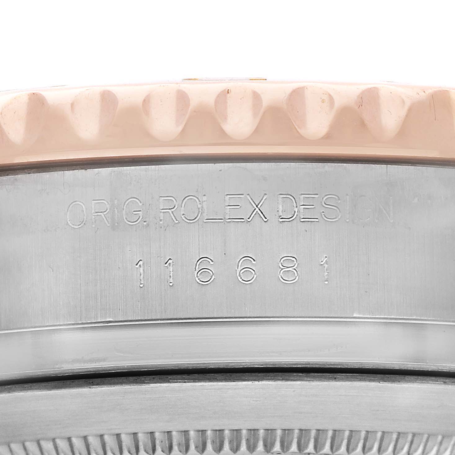 The image shows a close-up of the side of a Yacht-Master Rolex watch, highlighting the engraved model number.